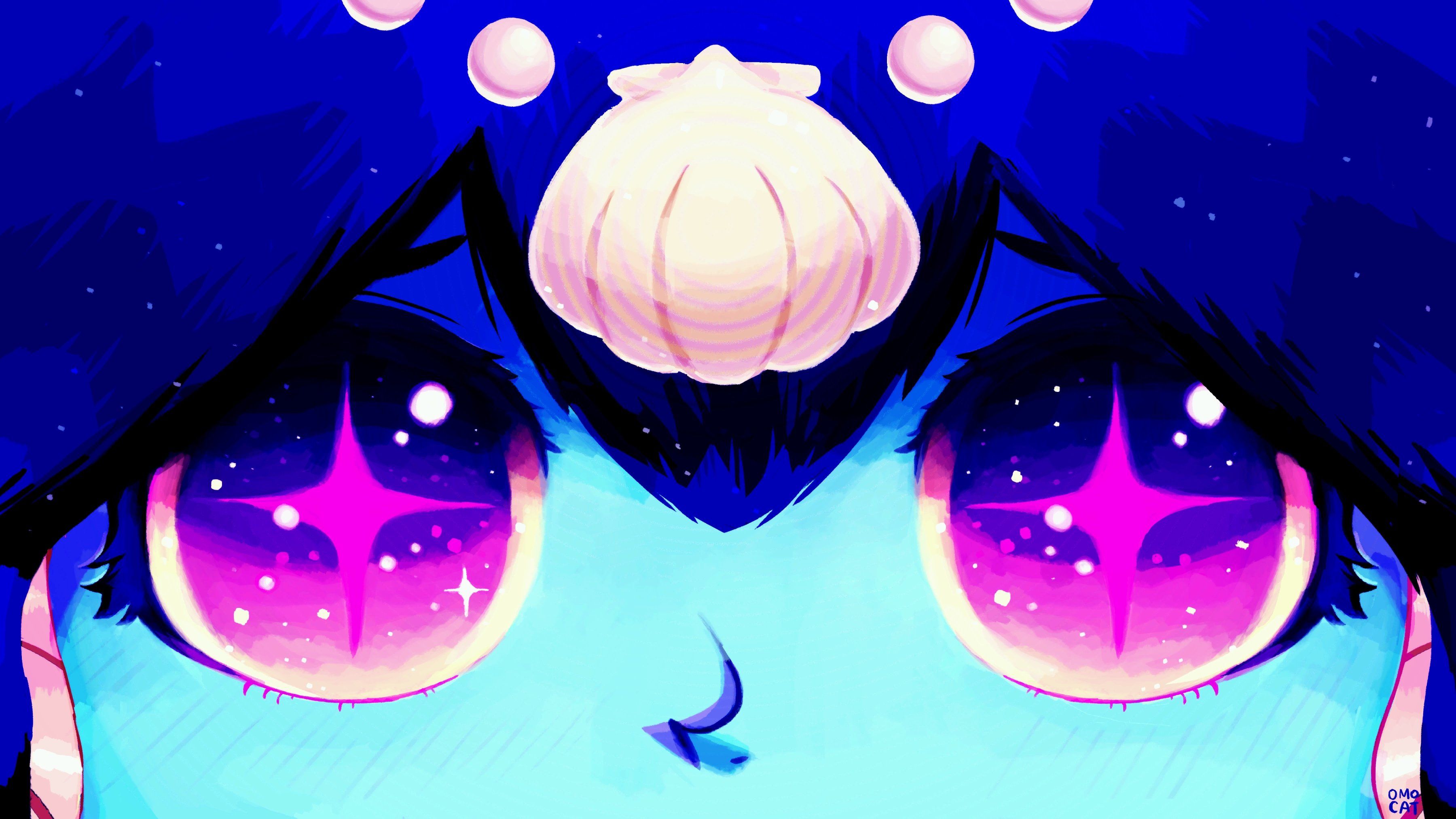 Omori character with starry purple eyes and seashell headdress HD Wallpaper