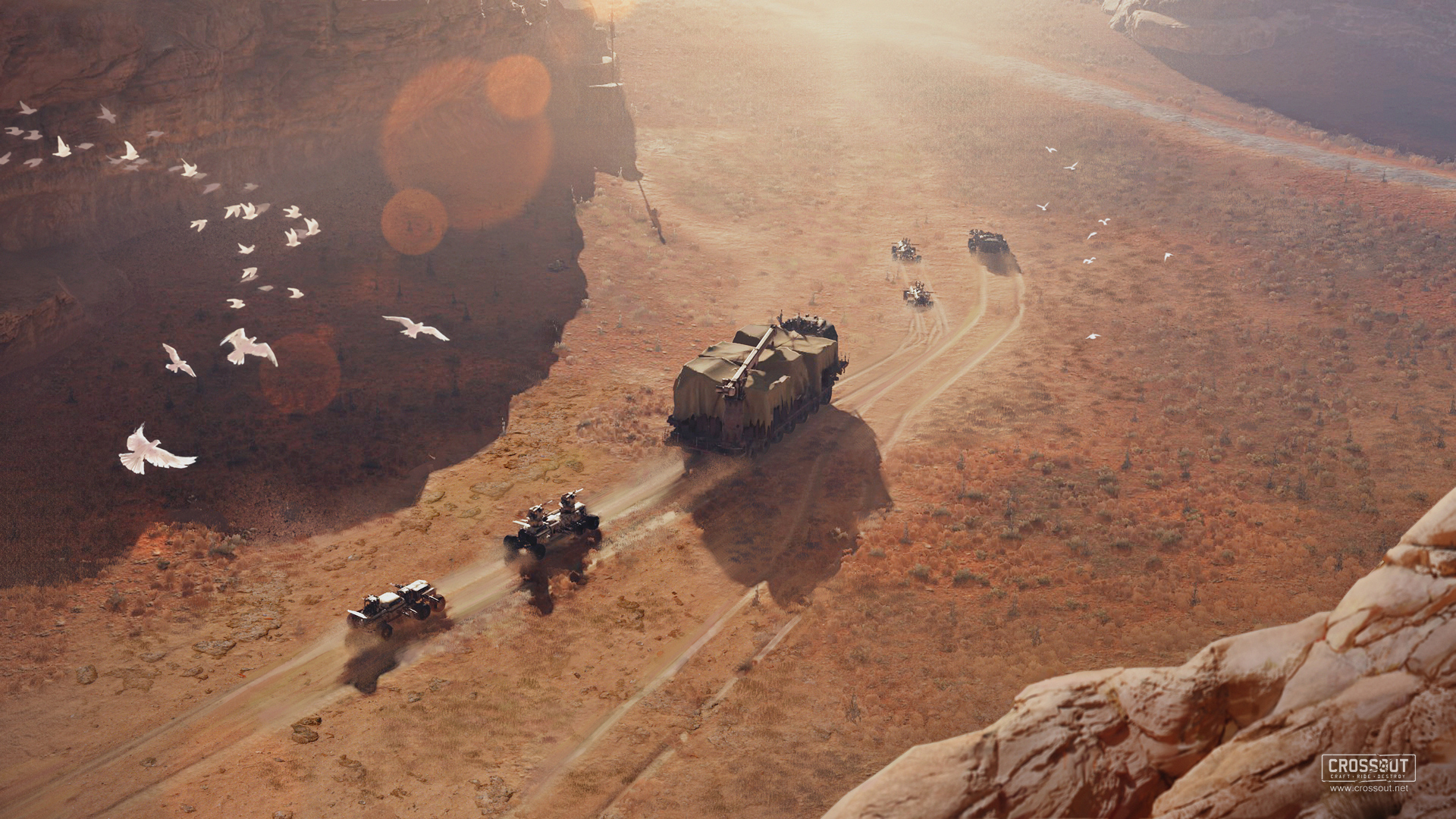 Crossout convoy in a desert canyon HD Wallpaper