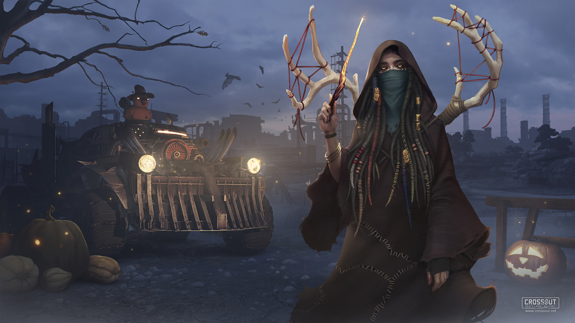 Crossout Halloween scene with a witch and a vehicle HD Wallpaper