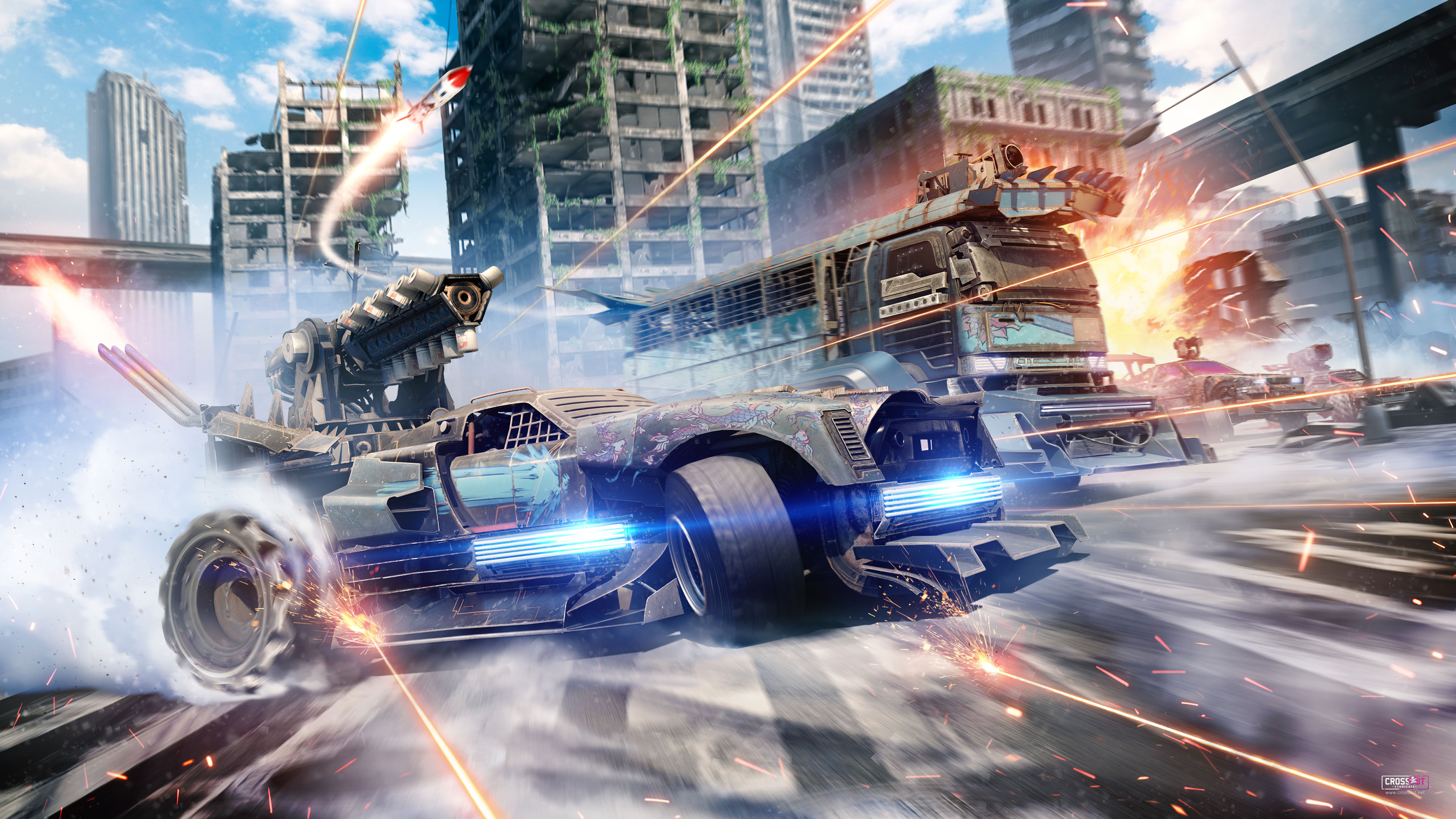 Crossout 4K: Armored Vehicle Combat in Ruined City HD Wallpaper