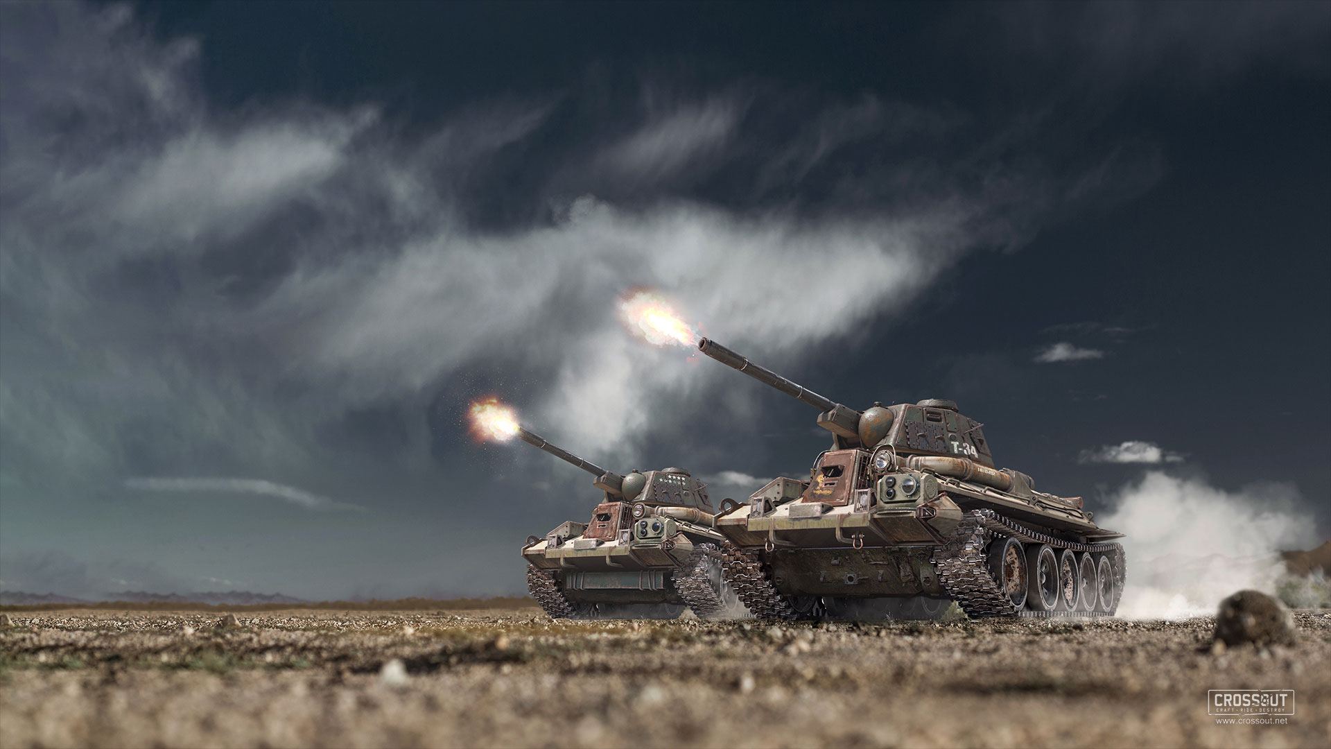 Crossout tanks firing in a desert HD Wallpaper