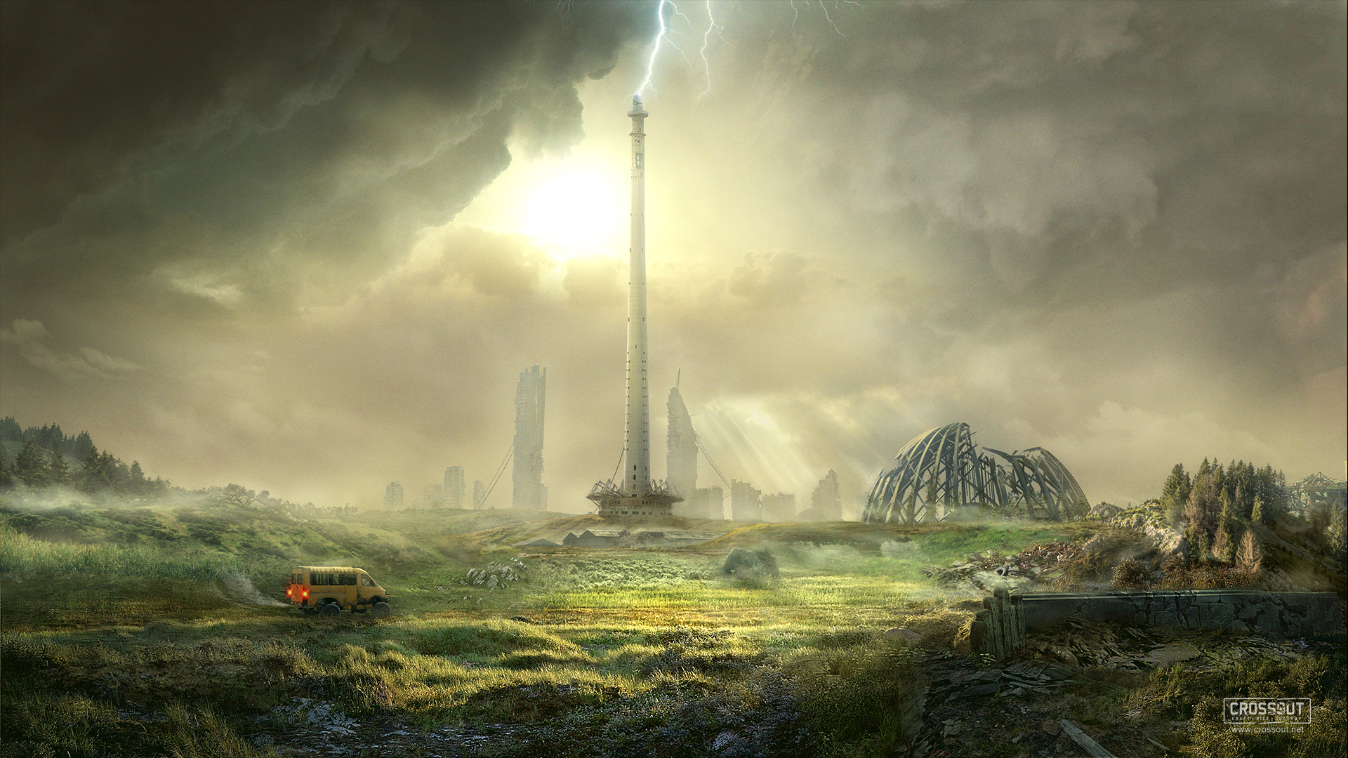 Crossout Post-Apocalyptic Landscape with Lightning Tower HD Wallpaper