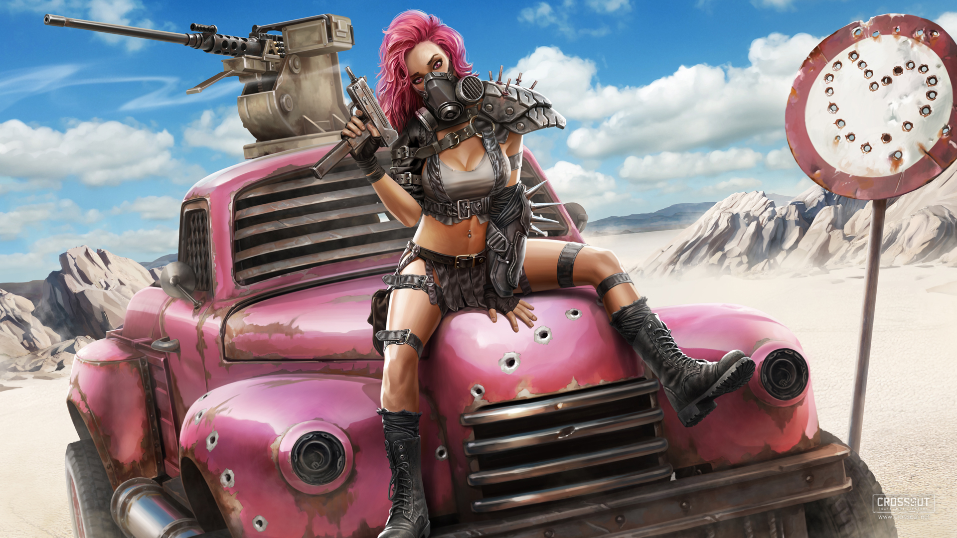 Crossout: Woman with Gun on Pink Truck in Desert HD Wallpaper