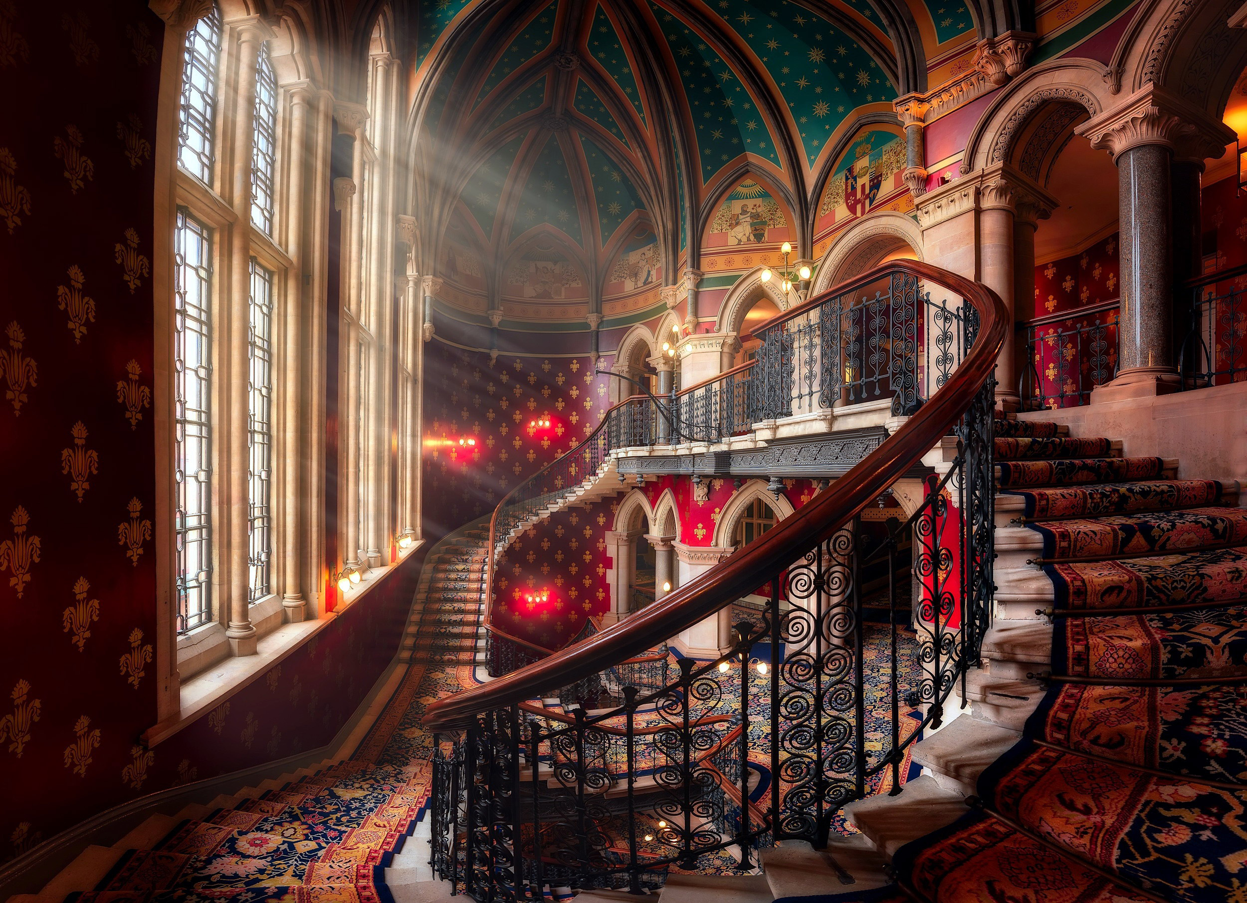 Grand Staircase in a Victorian Building HD Wallpaper