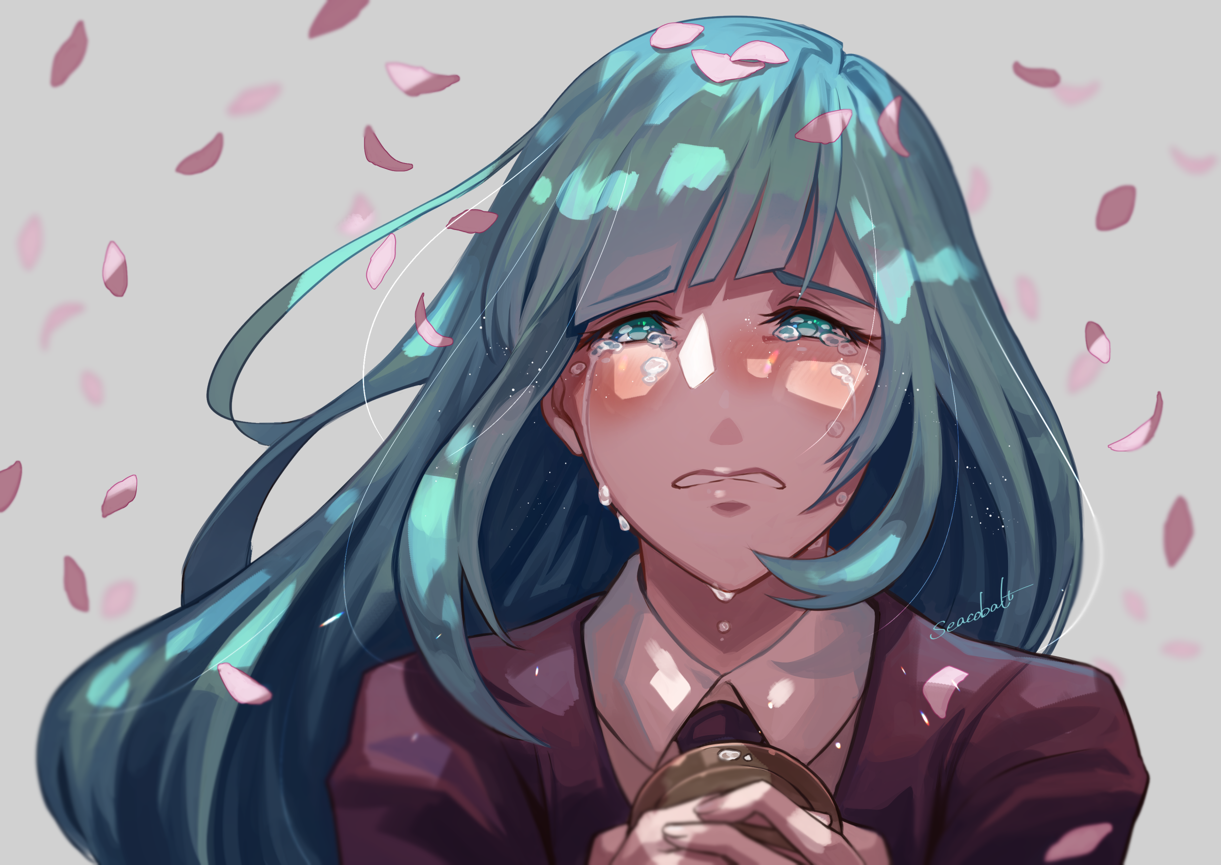 Kasumi Miwa crying with petals falling HD Wallpaper