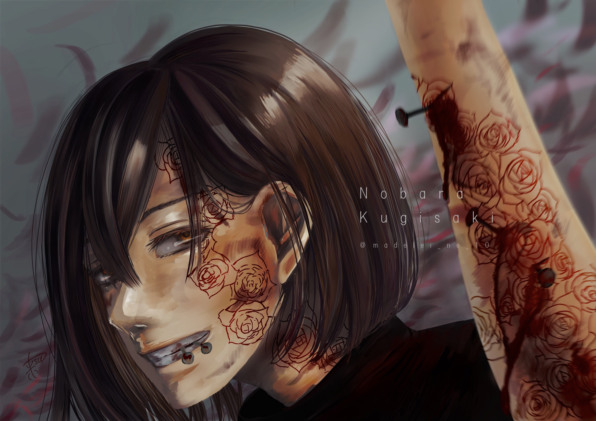 Nobara Kugisaki with Rose Tattoos and Piercings HD Wallpaper