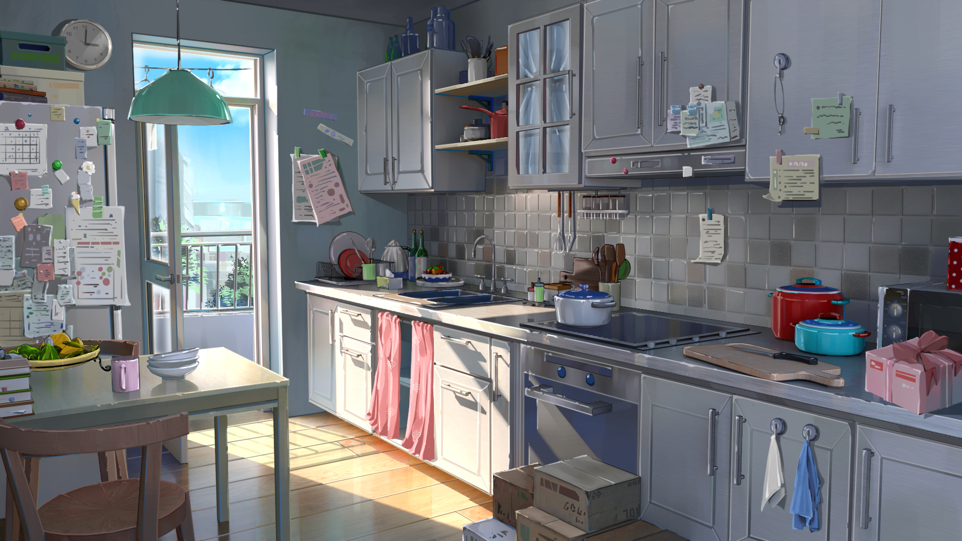 A bright kitchen with a view of the outdoors HD Wallpaper