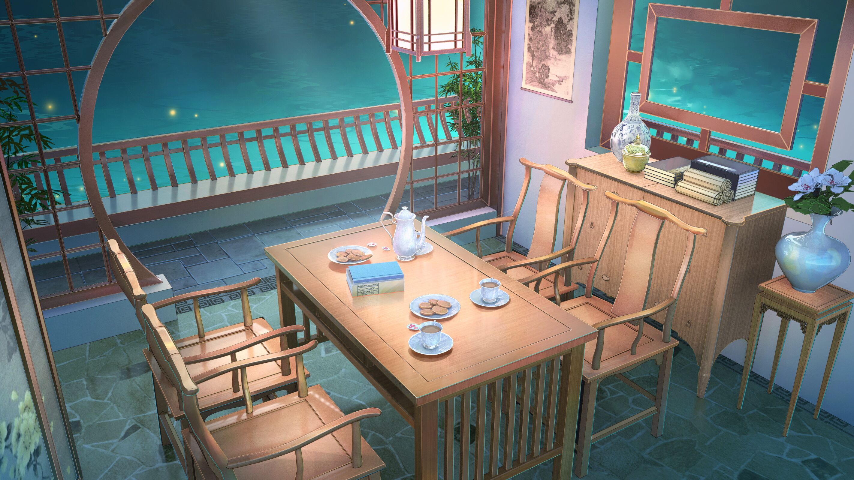 Traditional Asian Room with Balcony Overlooking Water HD Wallpaper