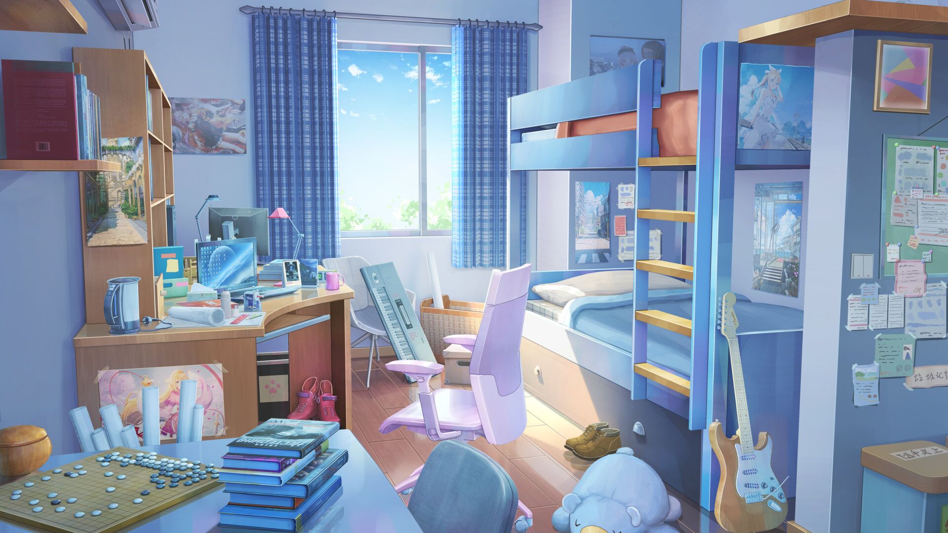 Anime bedroom with bunk bed and guitars HD Wallpaper