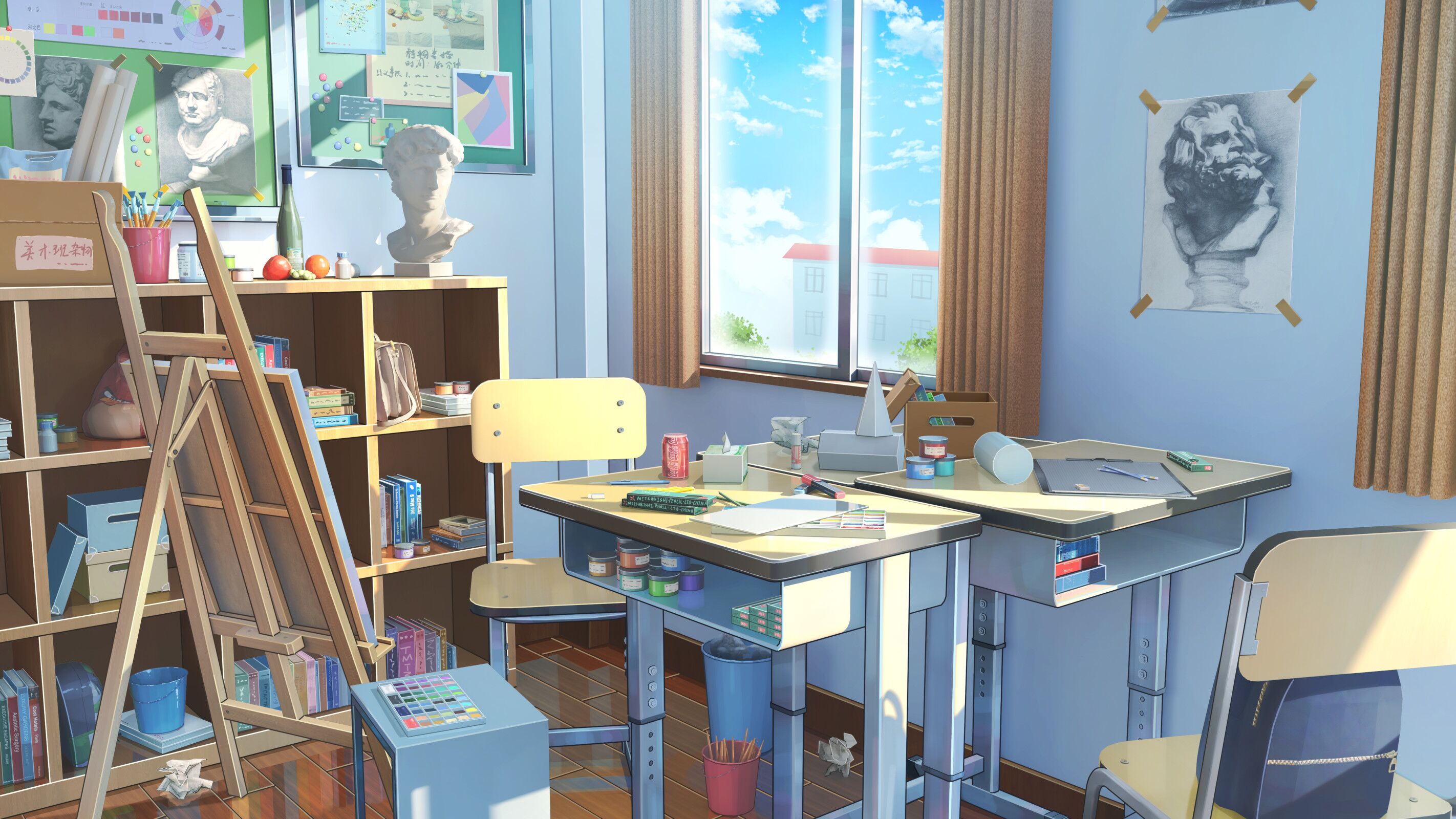 Art classroom with desks, easels, and artwork HD Wallpaper