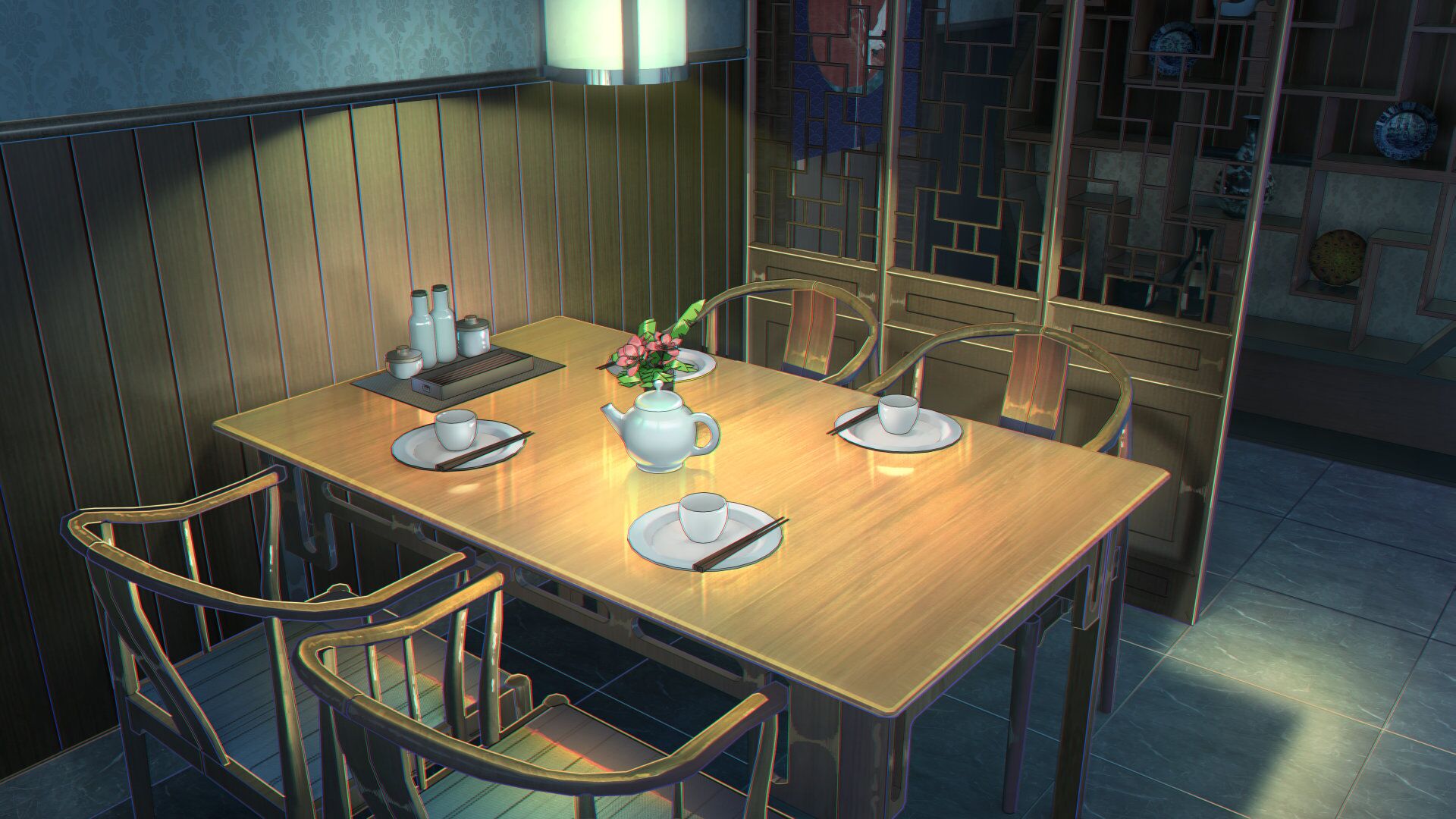 Dining room with table, chairs, and tea set HD Wallpaper