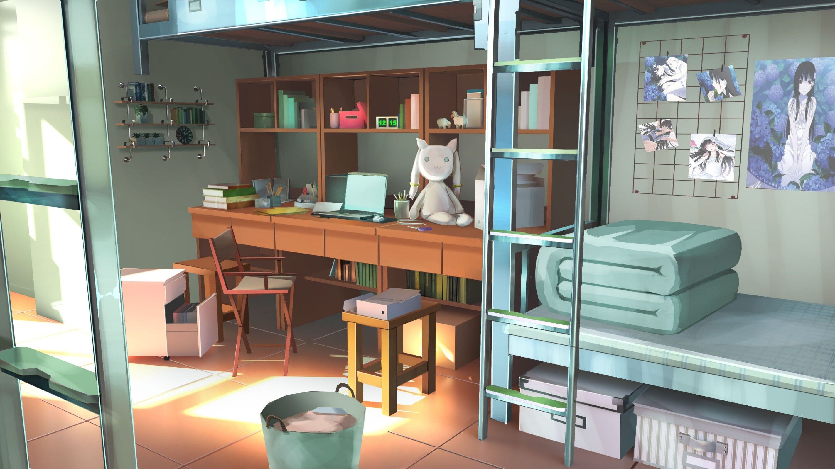 Anime girl's room with bunk bed and desk HD Wallpaper