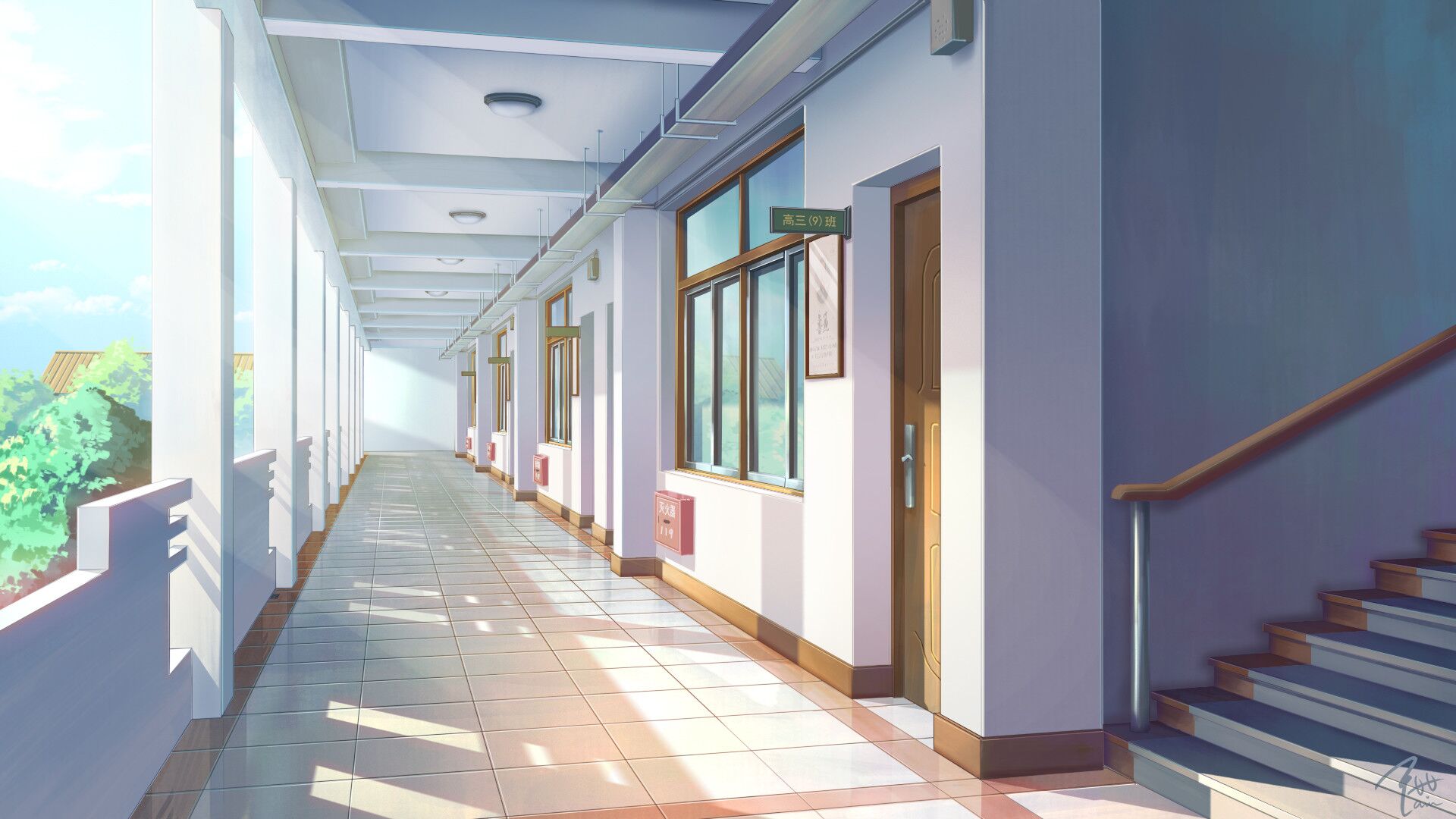 School hallway with sunlight and stairs HD Wallpaper