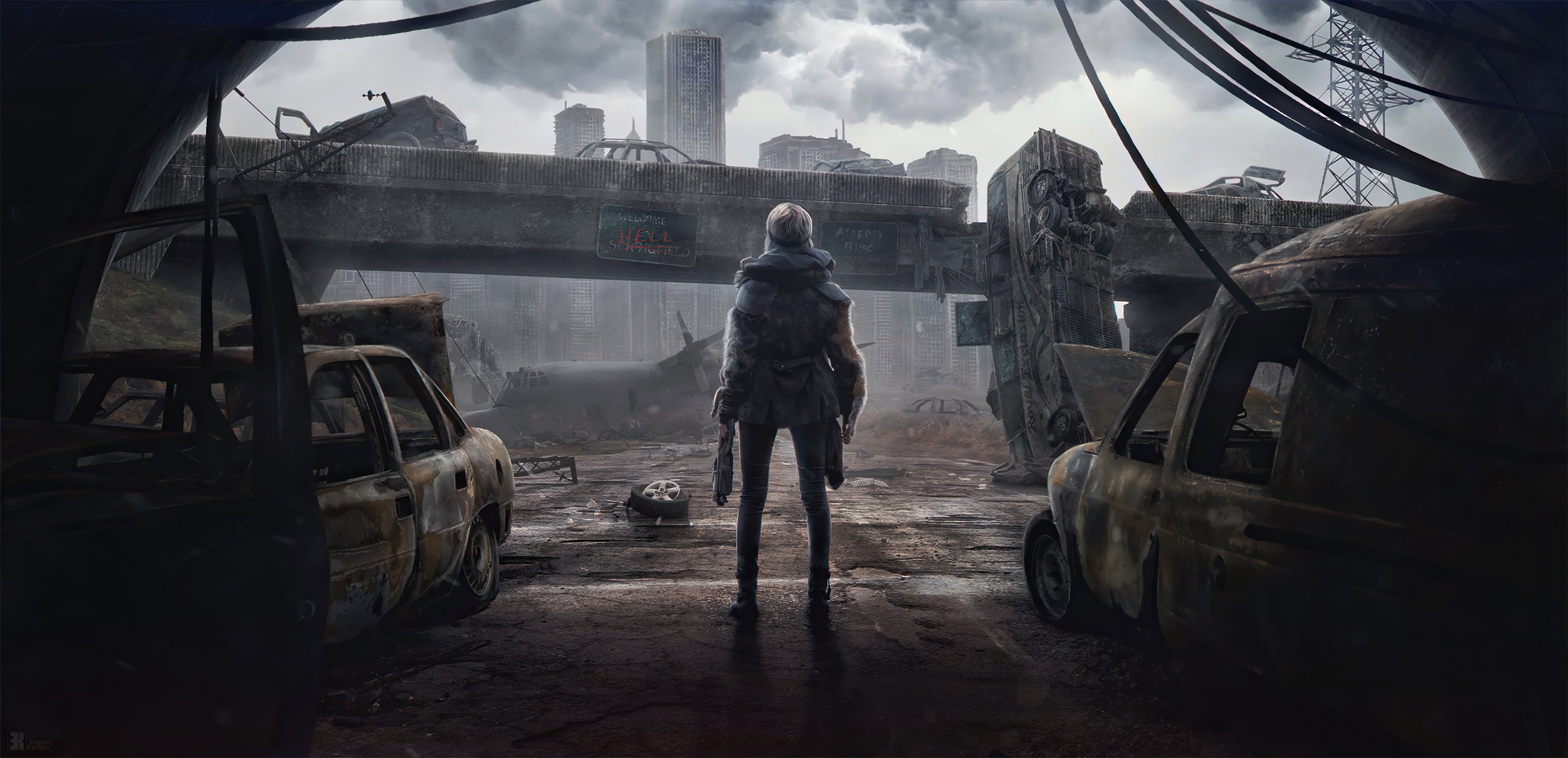 Post-Apocalyptic Cityscape with a Lone Survivor HD Wallpaper