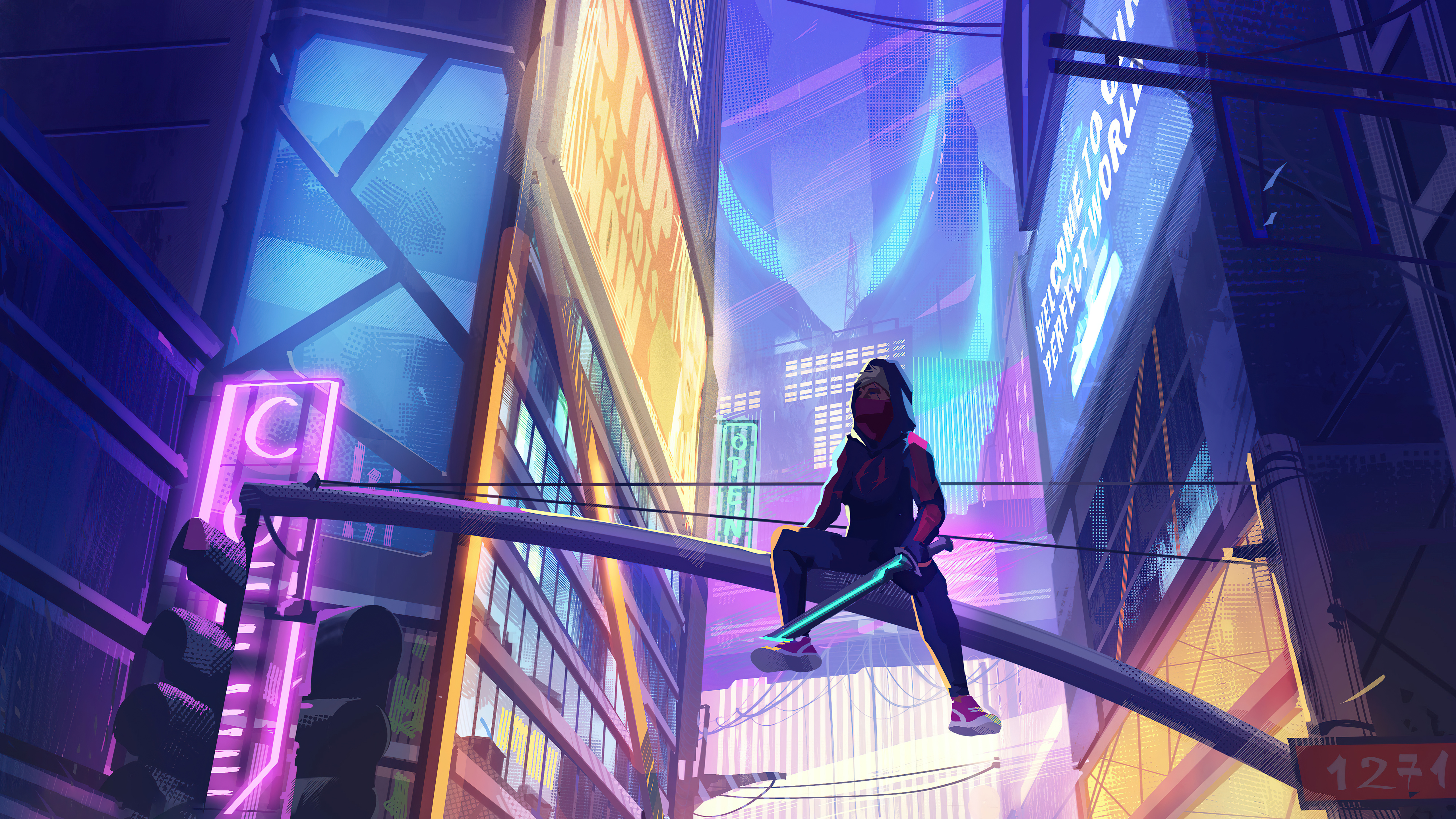 Futuristic Cityscape with a Crouching Figure HD Wallpaper