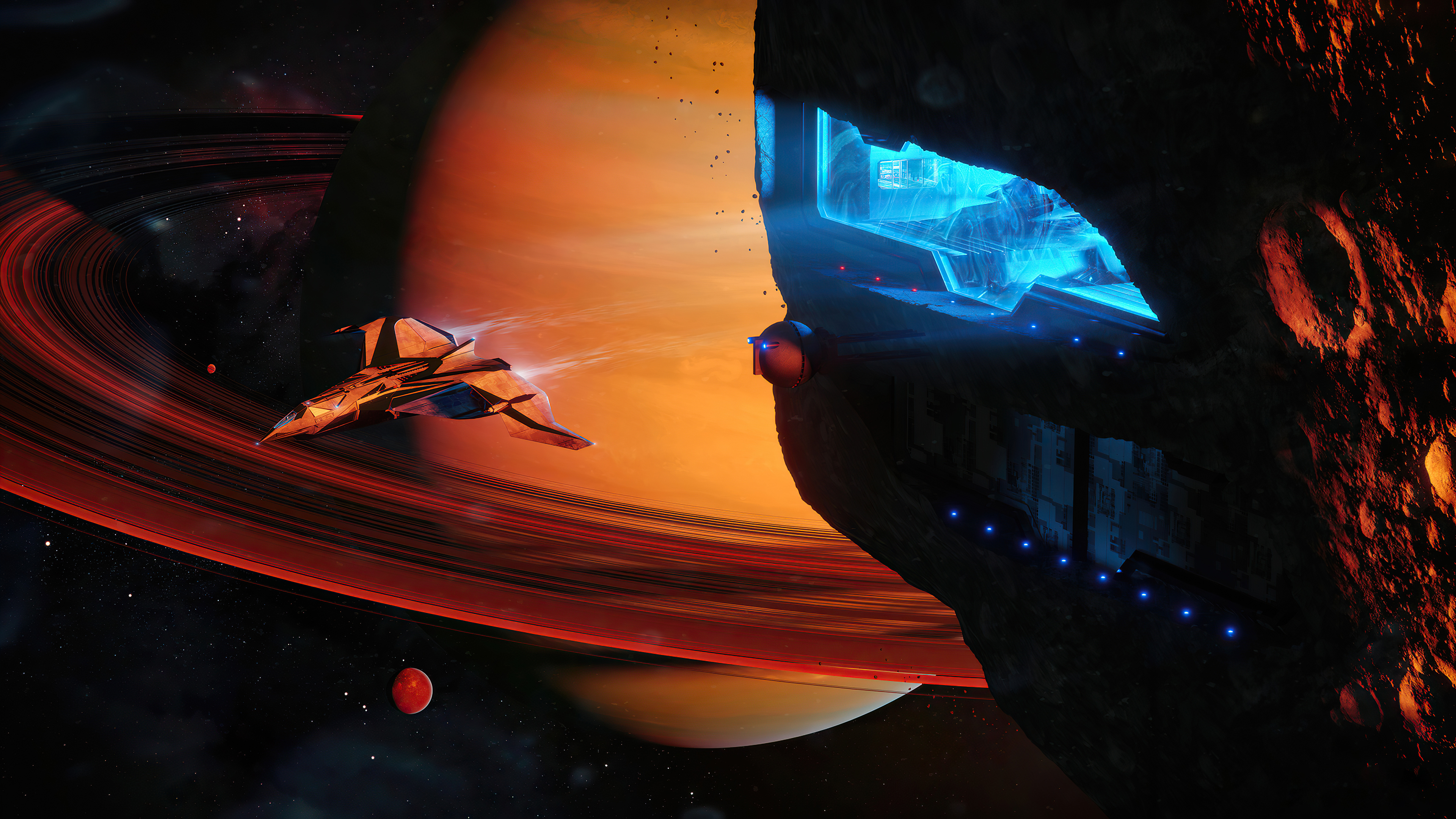 Sci-Fi Spaceship near a Ringed Planet HD Wallpaper