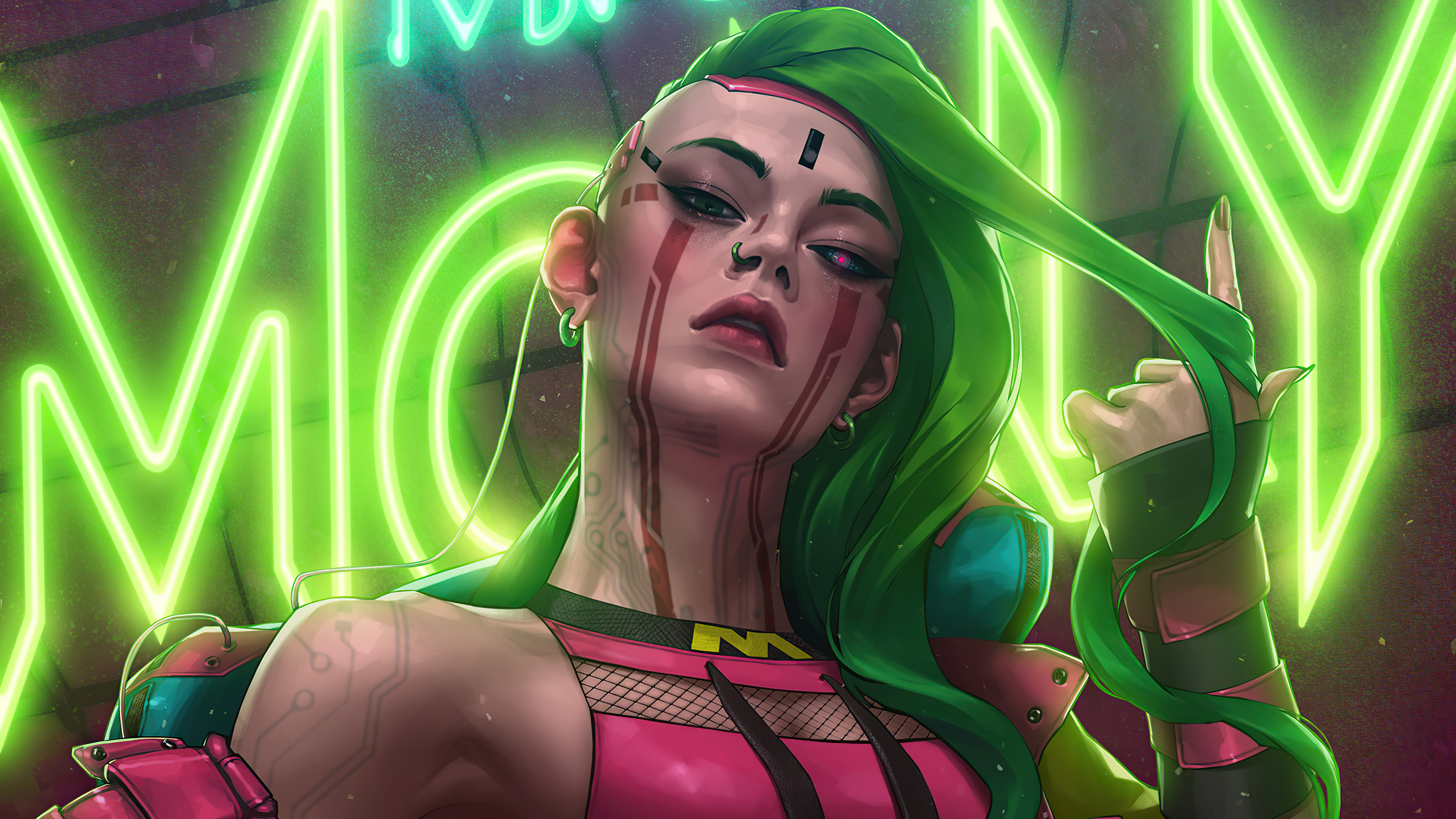 Woman with green hair and neon sign HD Wallpaper