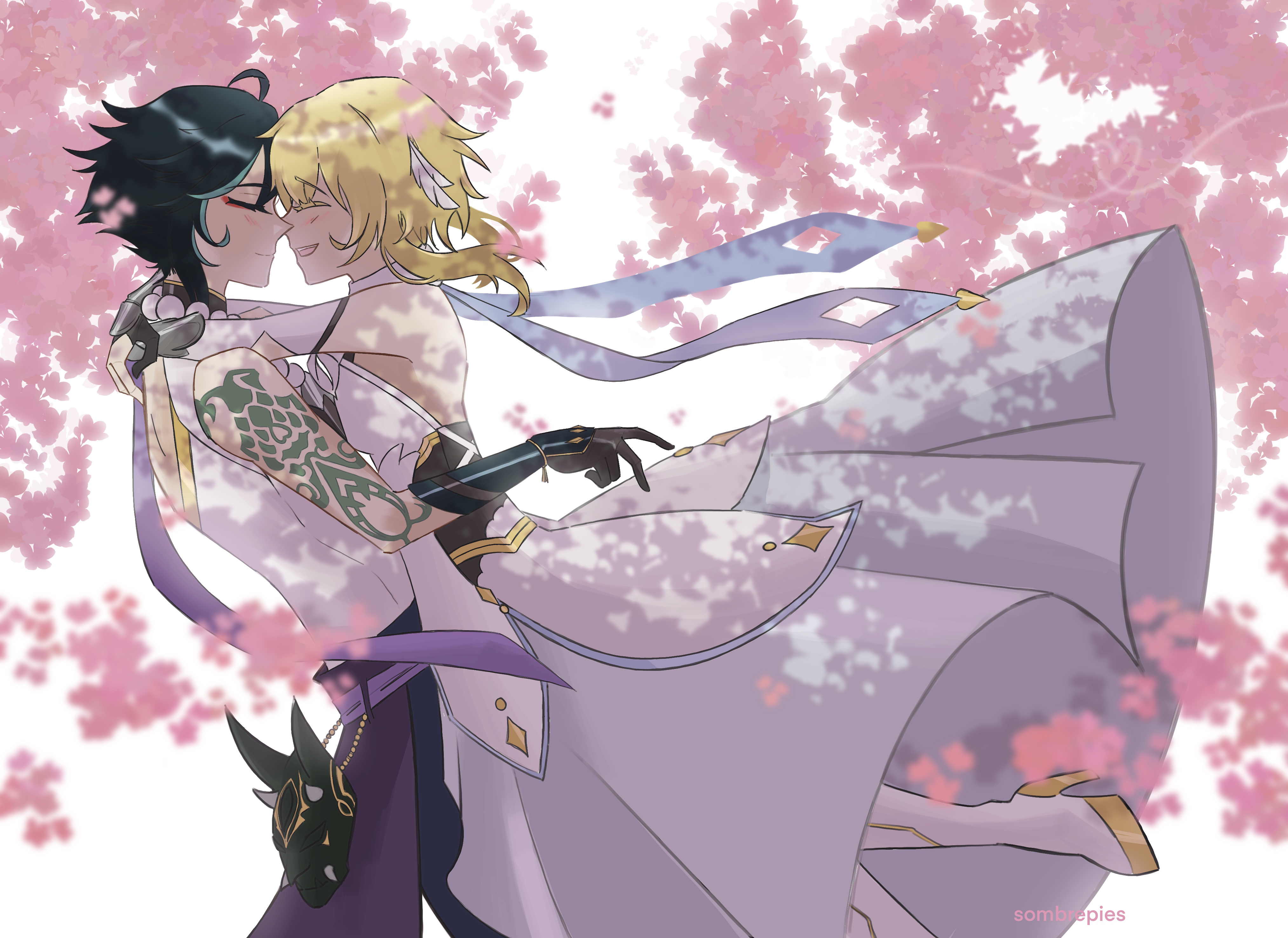 Lumine and Xiao embracing under cherry blossoms HD Wallpaper