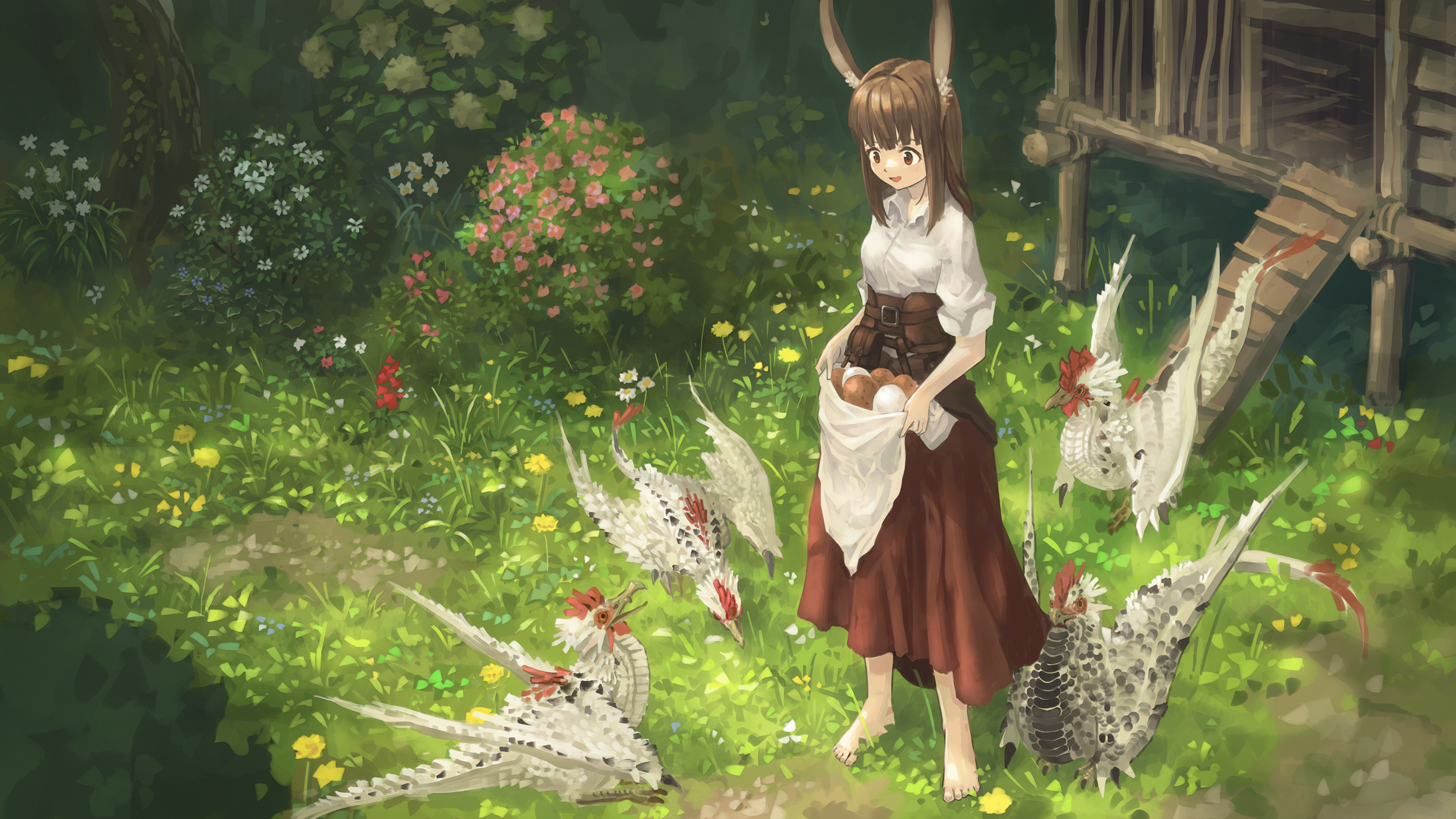 Girl with animal ears and cockatrices in a garden HD Wallpaper