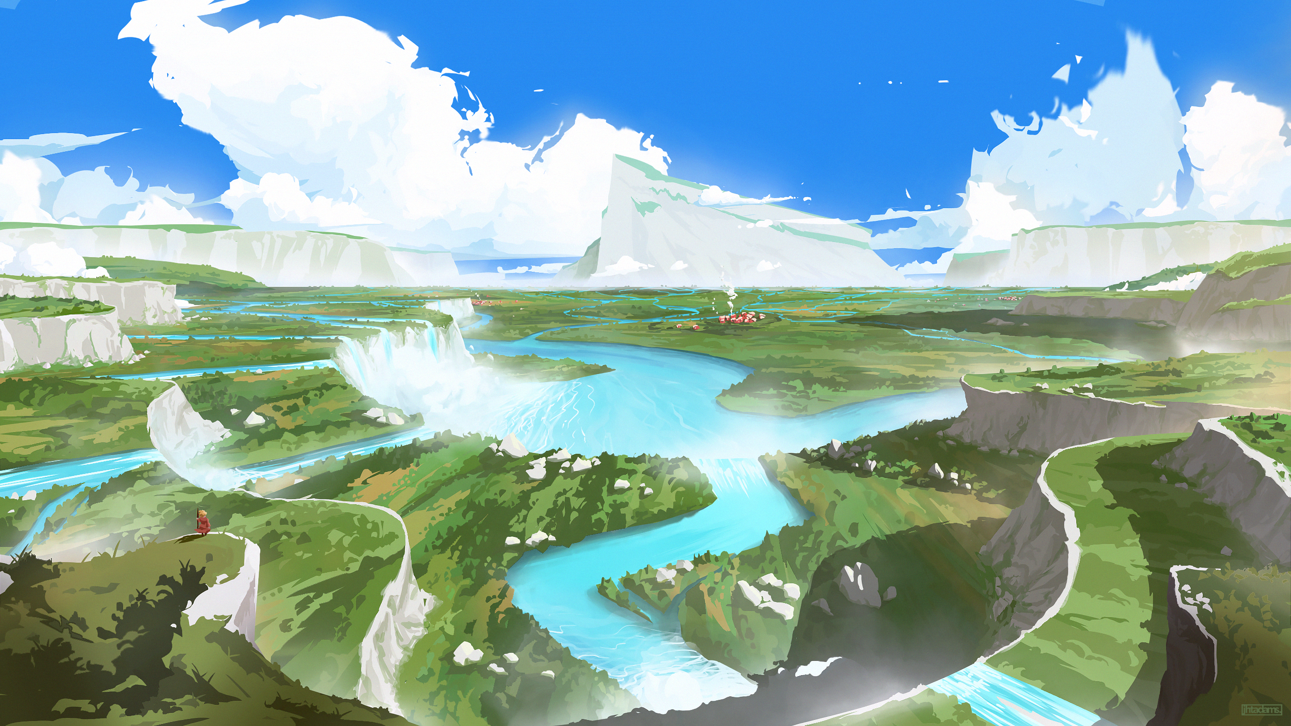 Fantasy Landscape with Waterfalls and Village HD Wallpaper