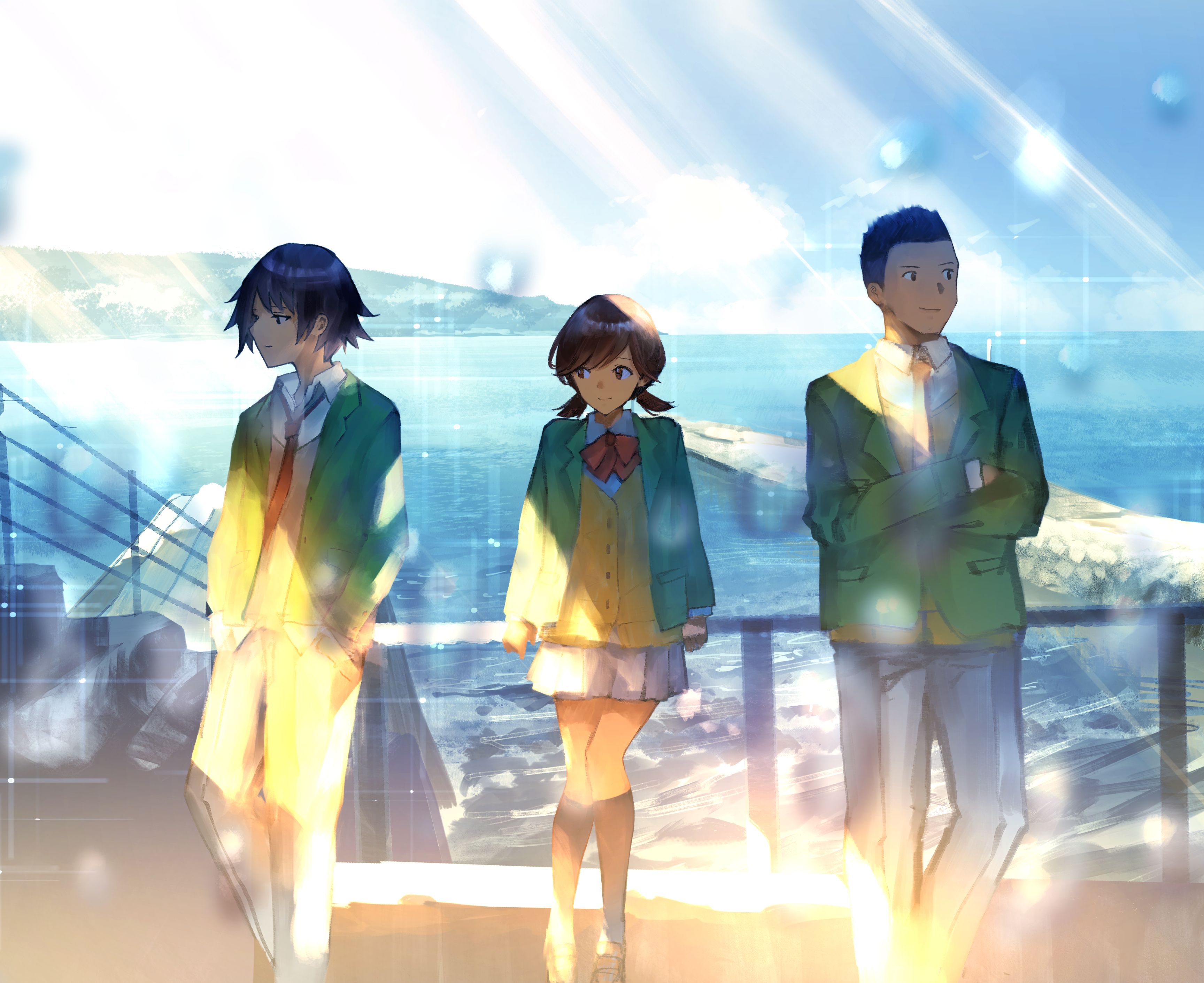 Three students in school uniforms by the sea HD Wallpaper