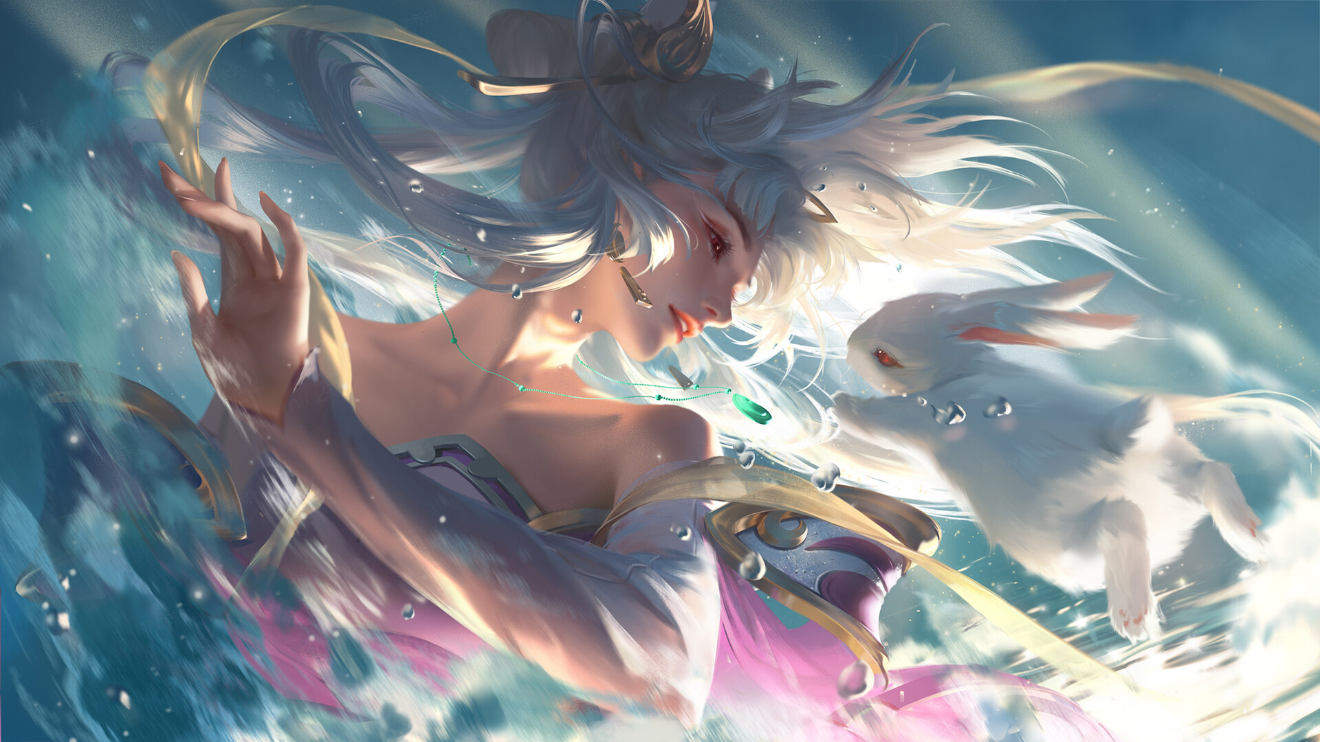 Fantasy Woman with White Rabbit in Water HD Wallpaper