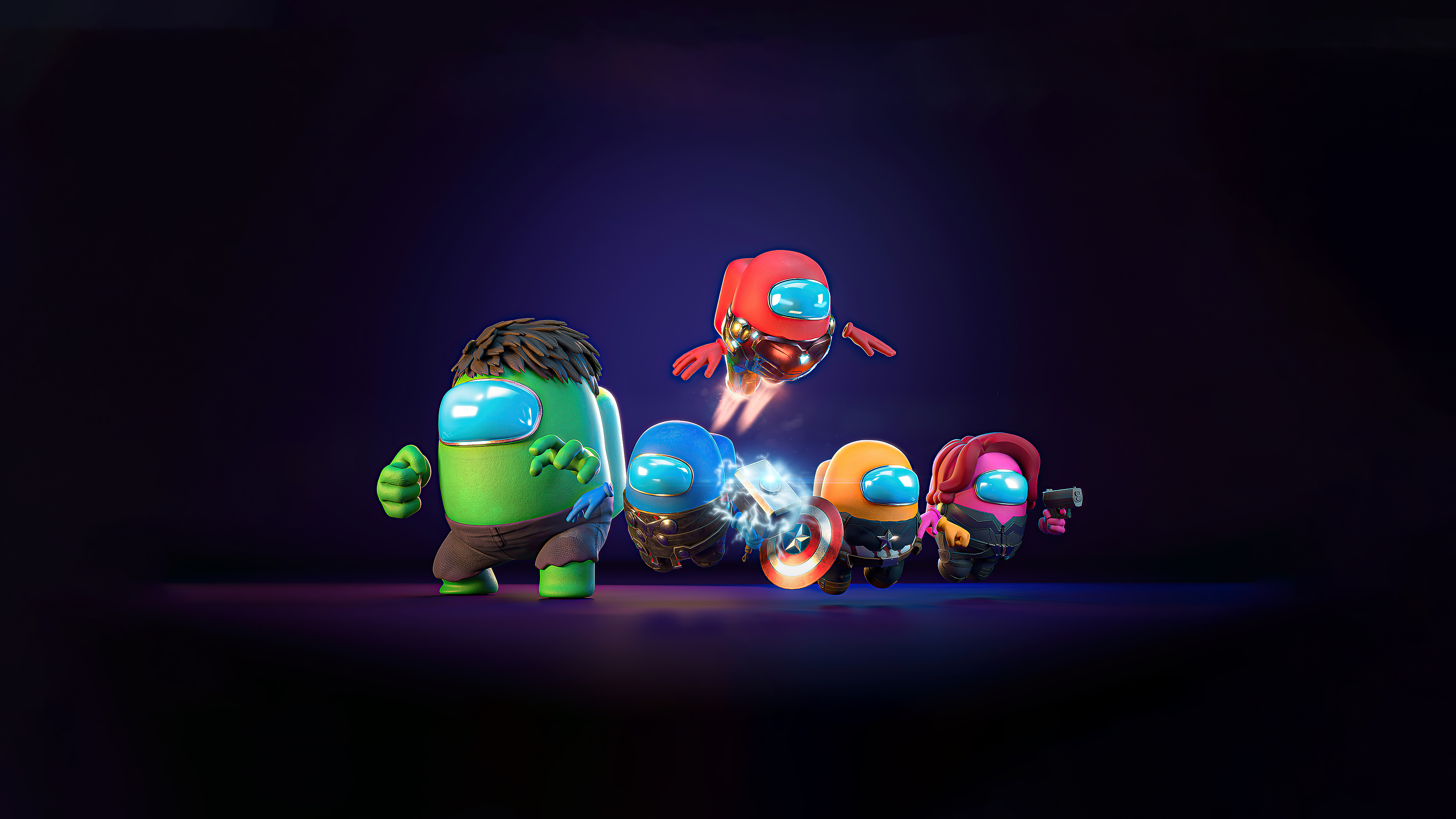 Among Us characters dressed as Marvel superheroes HD Wallpaper