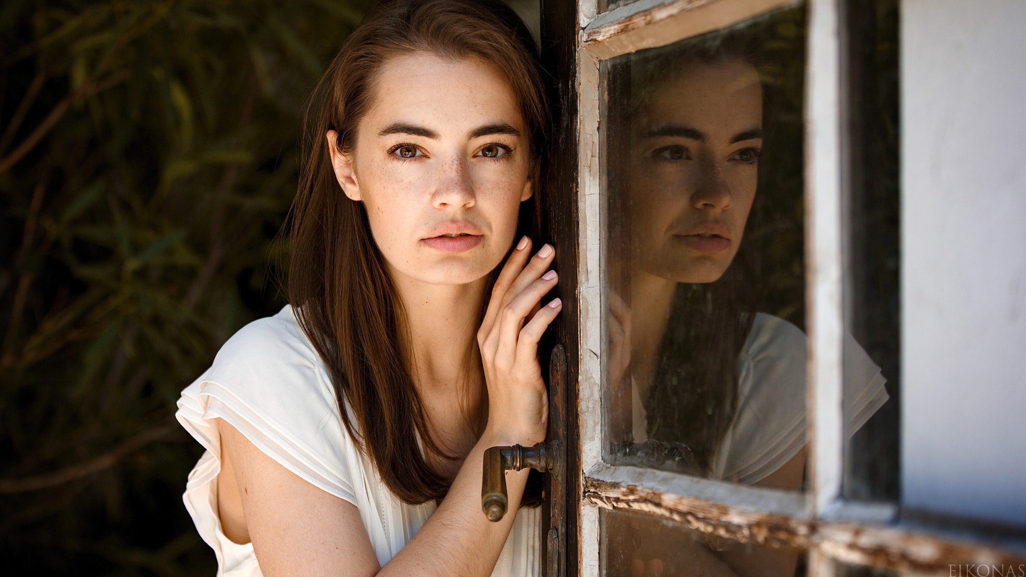 Woman with Brunette Hair Reflected in a Window HD Wallpaper