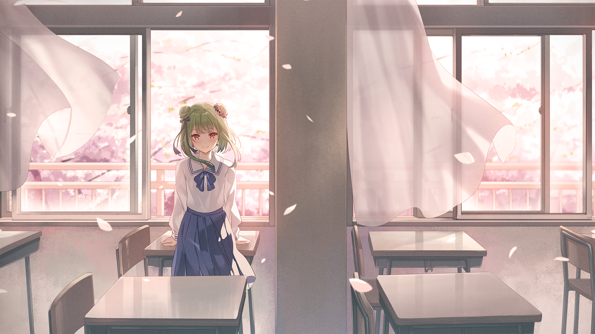 Hololive's Uruha Rushia in a classroom with cherry blossoms HD Wallpaper