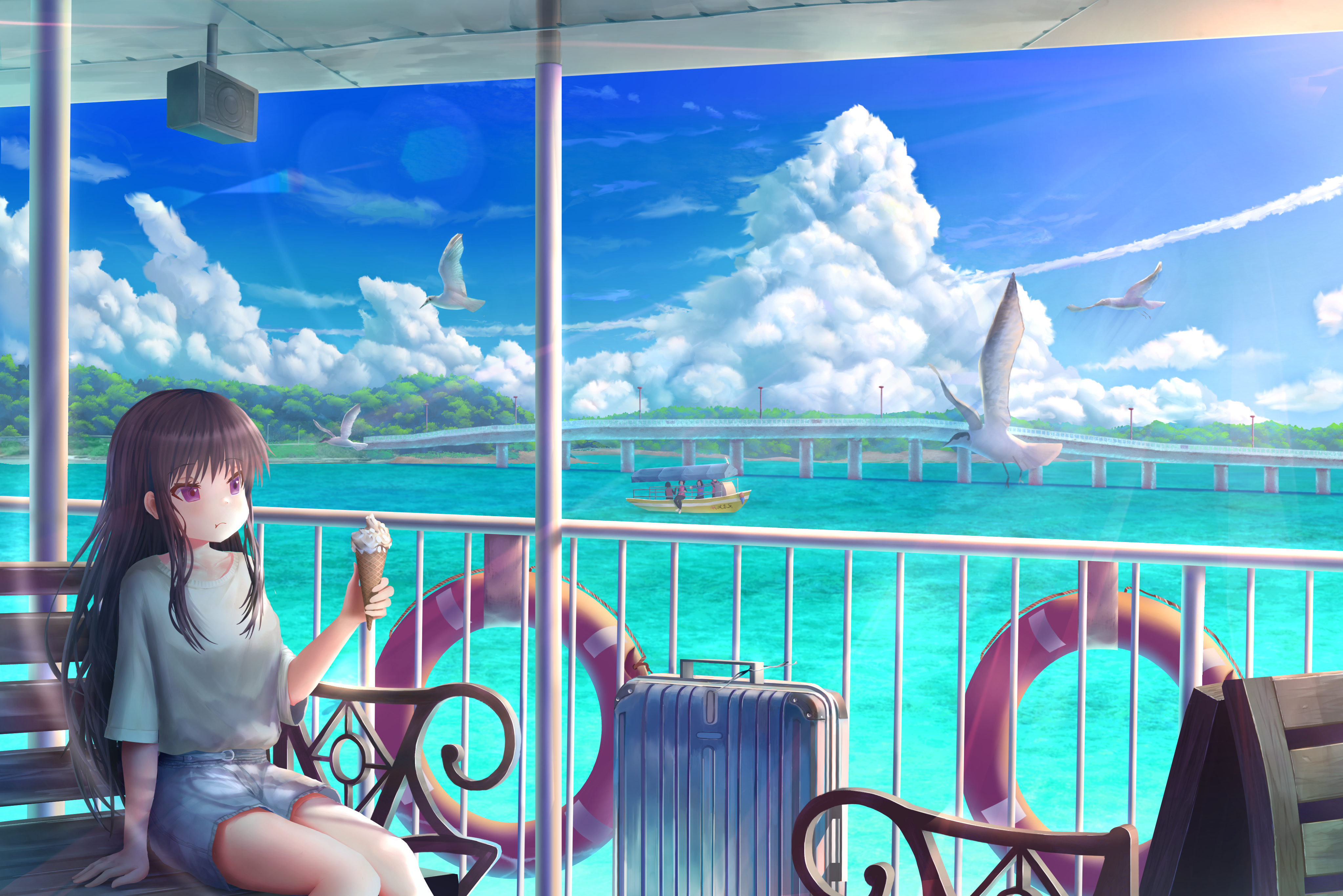 Girl with Ice Cream on a Ferry with Seagulls HD Wallpaper