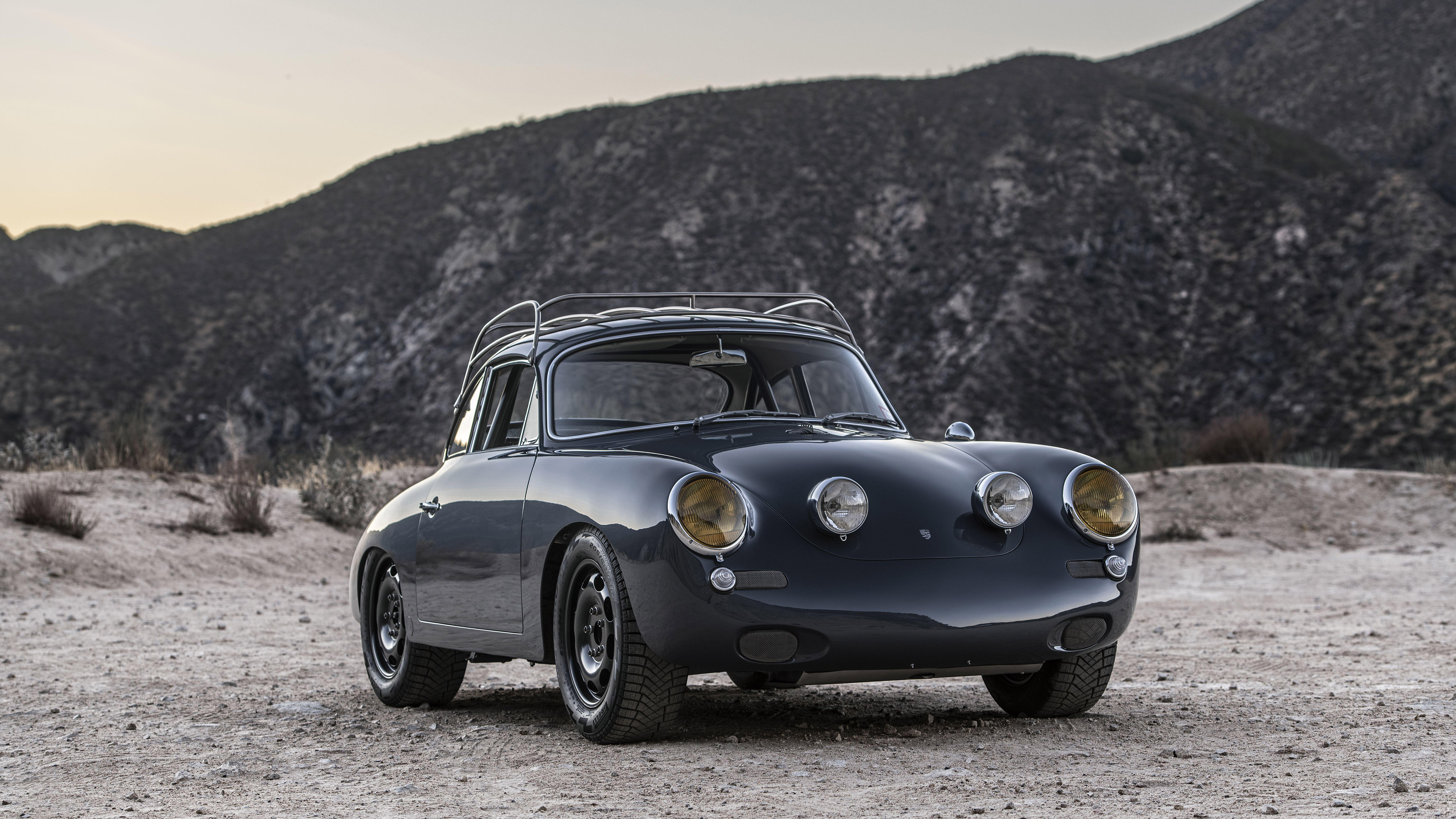 Dark Blue Porsche 356 with Roof Rack in Desert HD Wallpaper