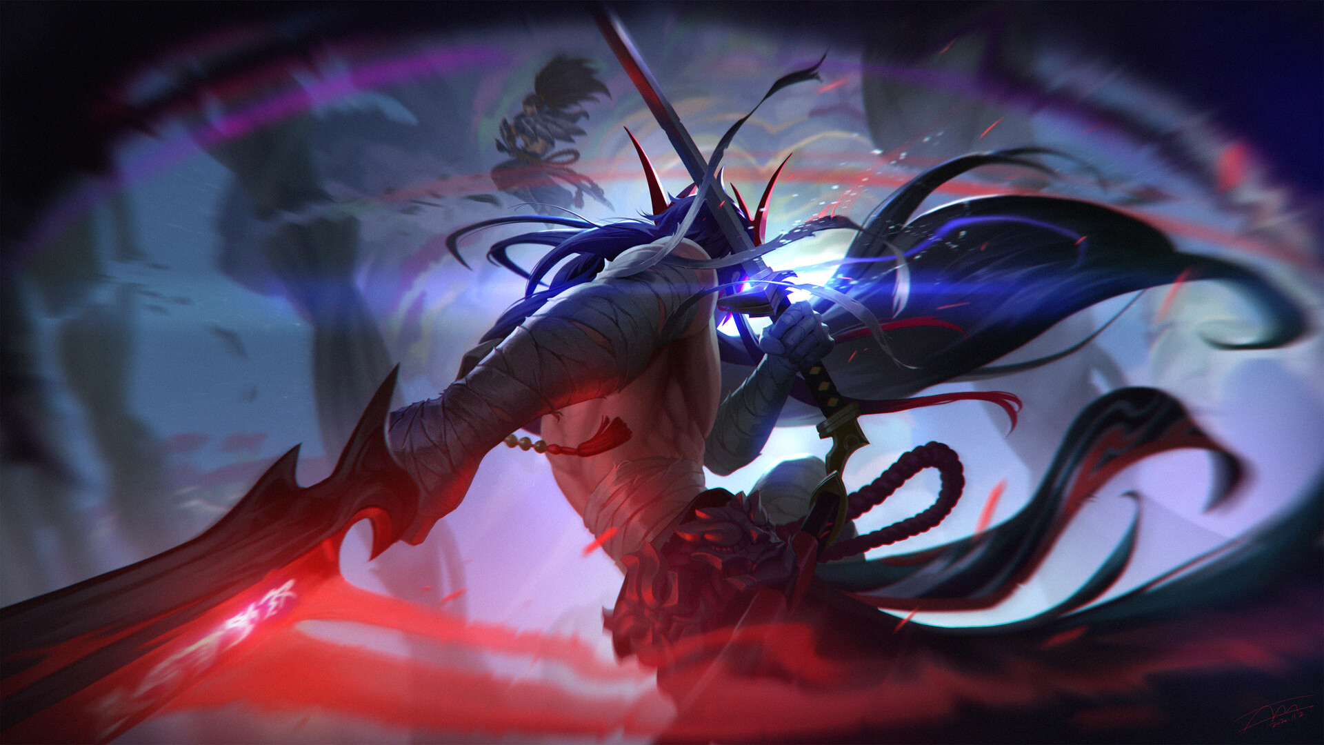 League of Legends character with swords HD Wallpaper