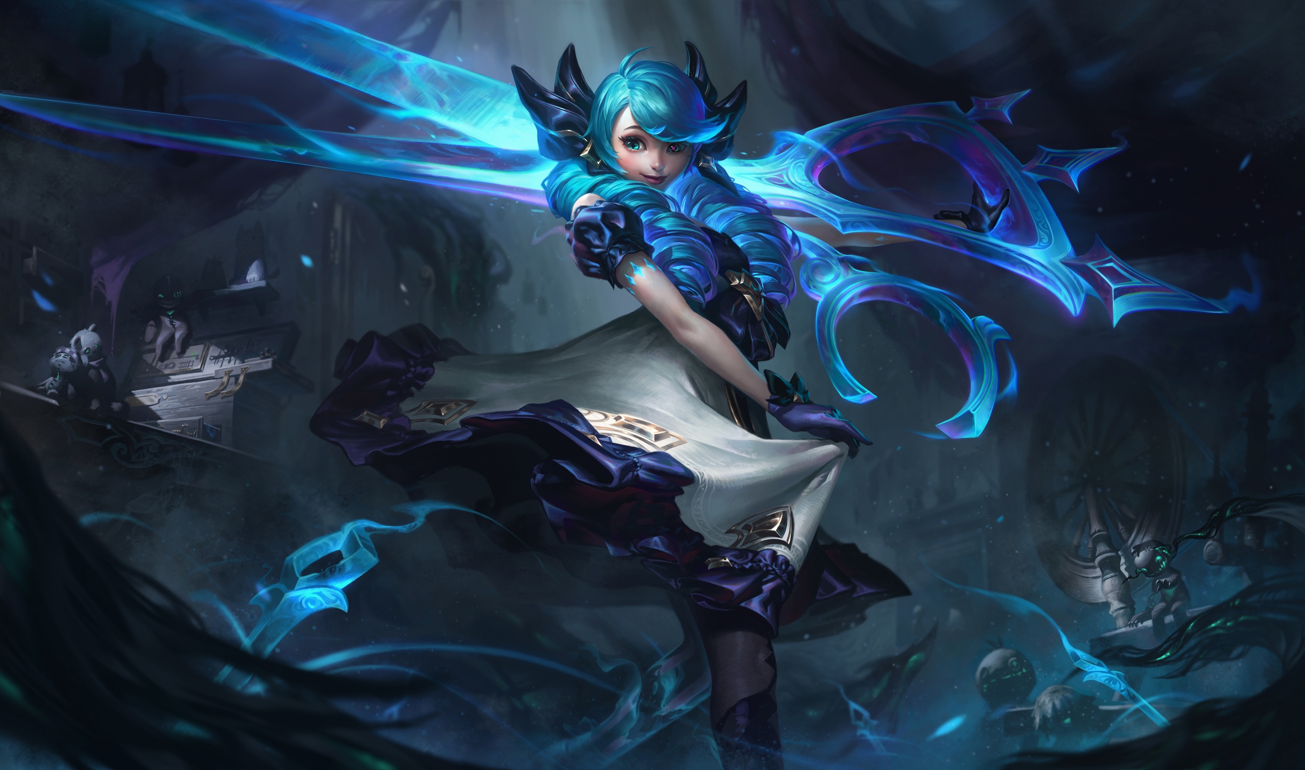 Gwen from League of Legends with a spectral scissor weapon HD Wallpaper