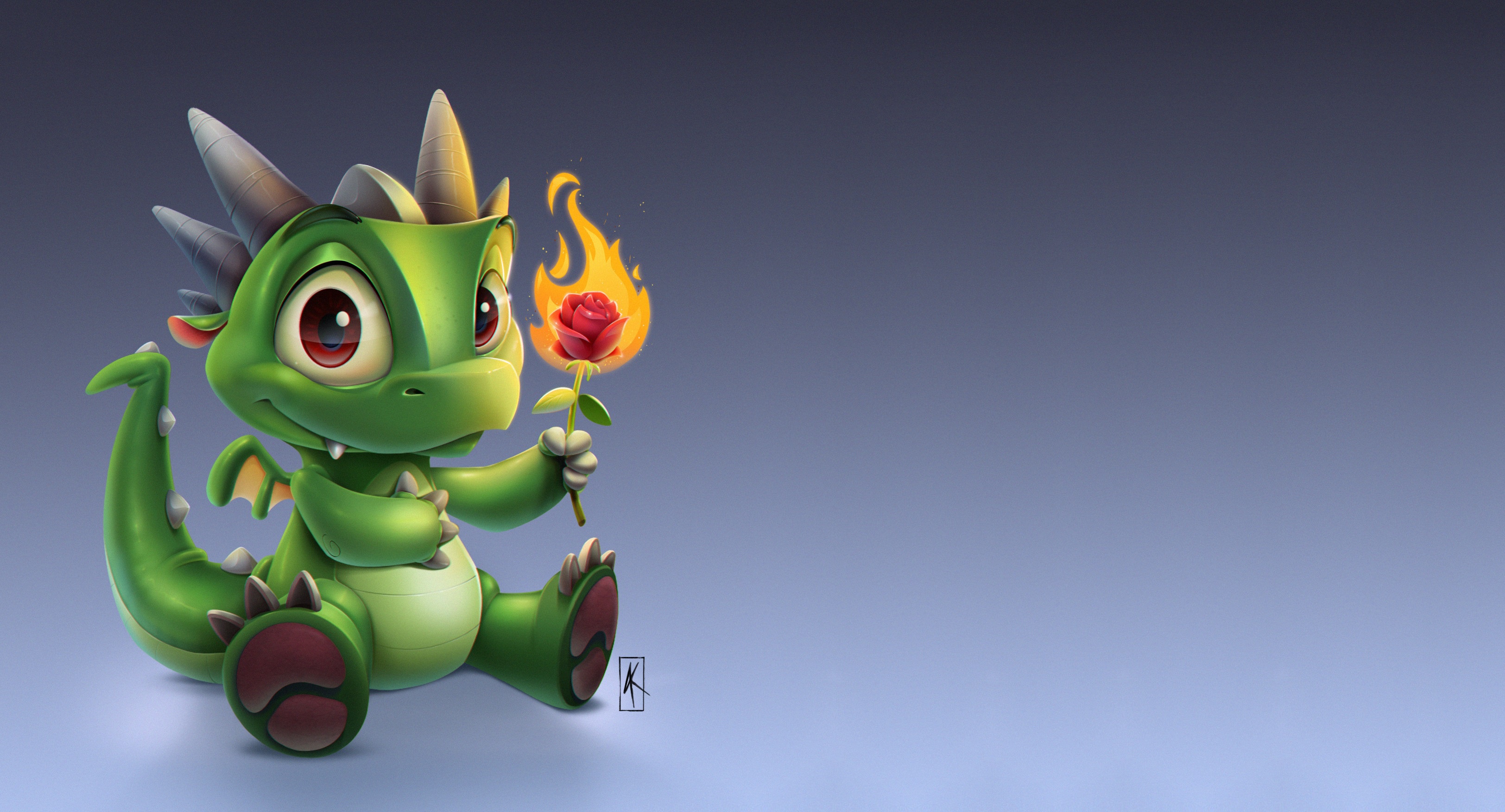 Green baby dragon holding a rose with fire HD Wallpaper
