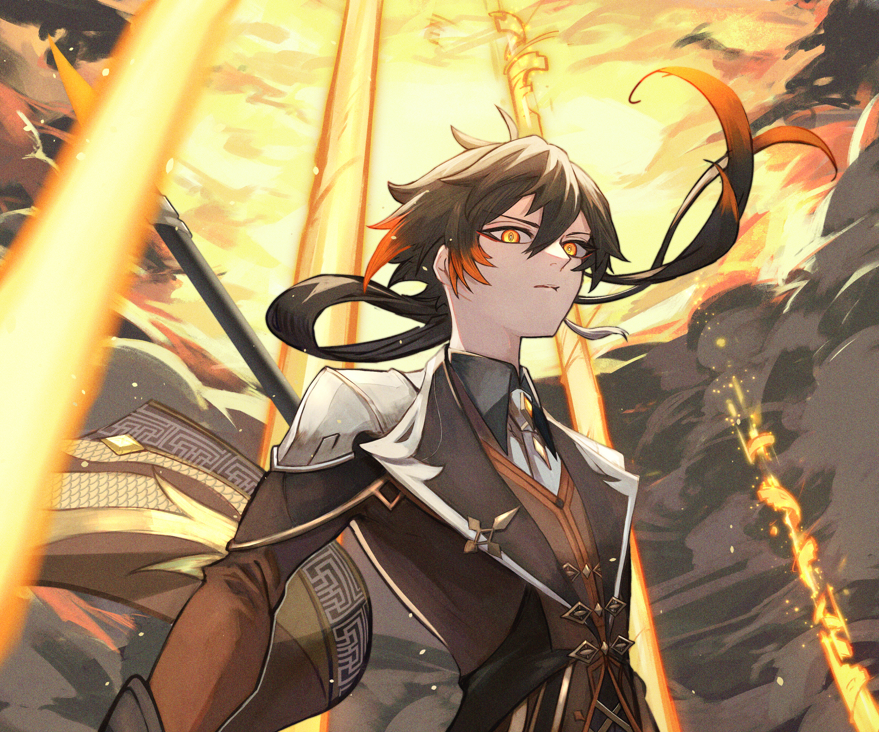Zhongli from Genshin Impact with golden light HD Wallpaper