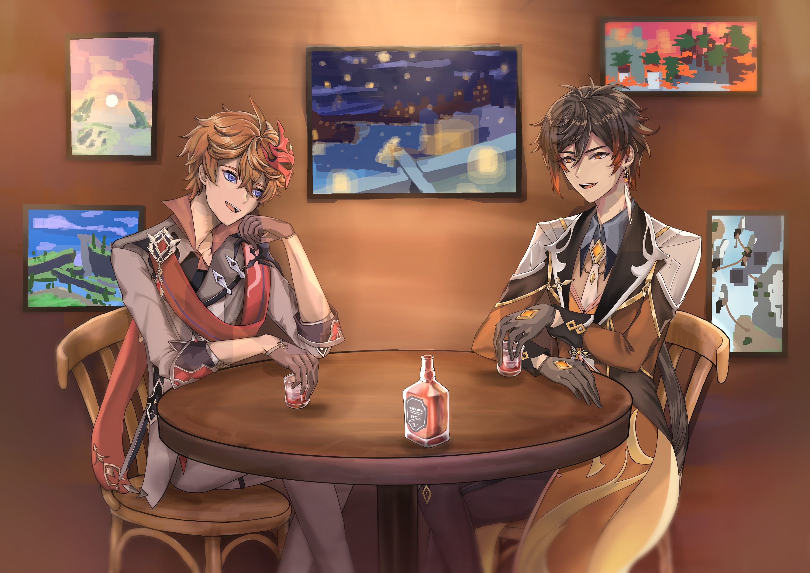 Tartaglia and Zhongli from Genshin Impact at a table HD Wallpaper