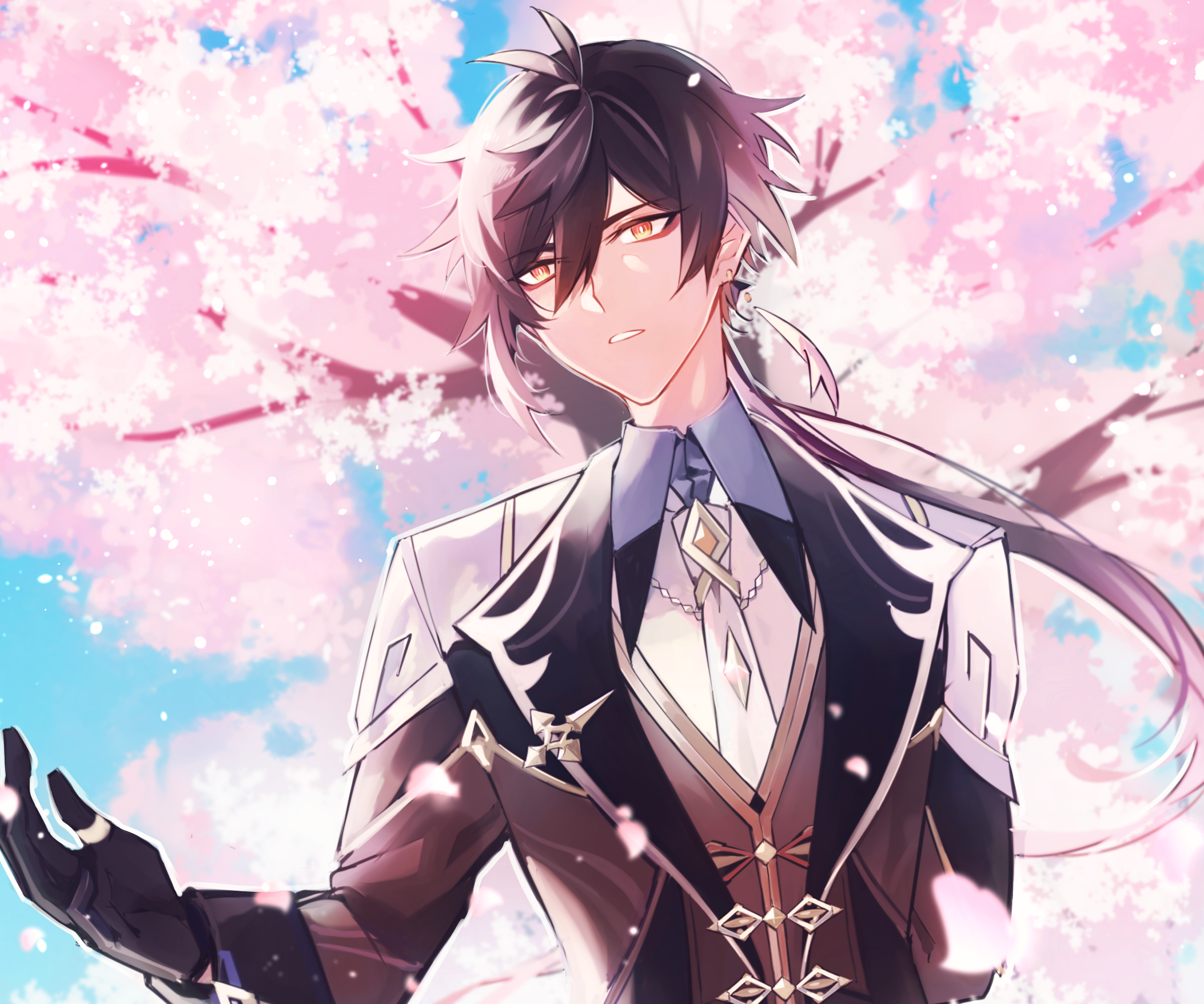 Zhongli from Genshin Impact with Cherry Blossoms HD Wallpaper