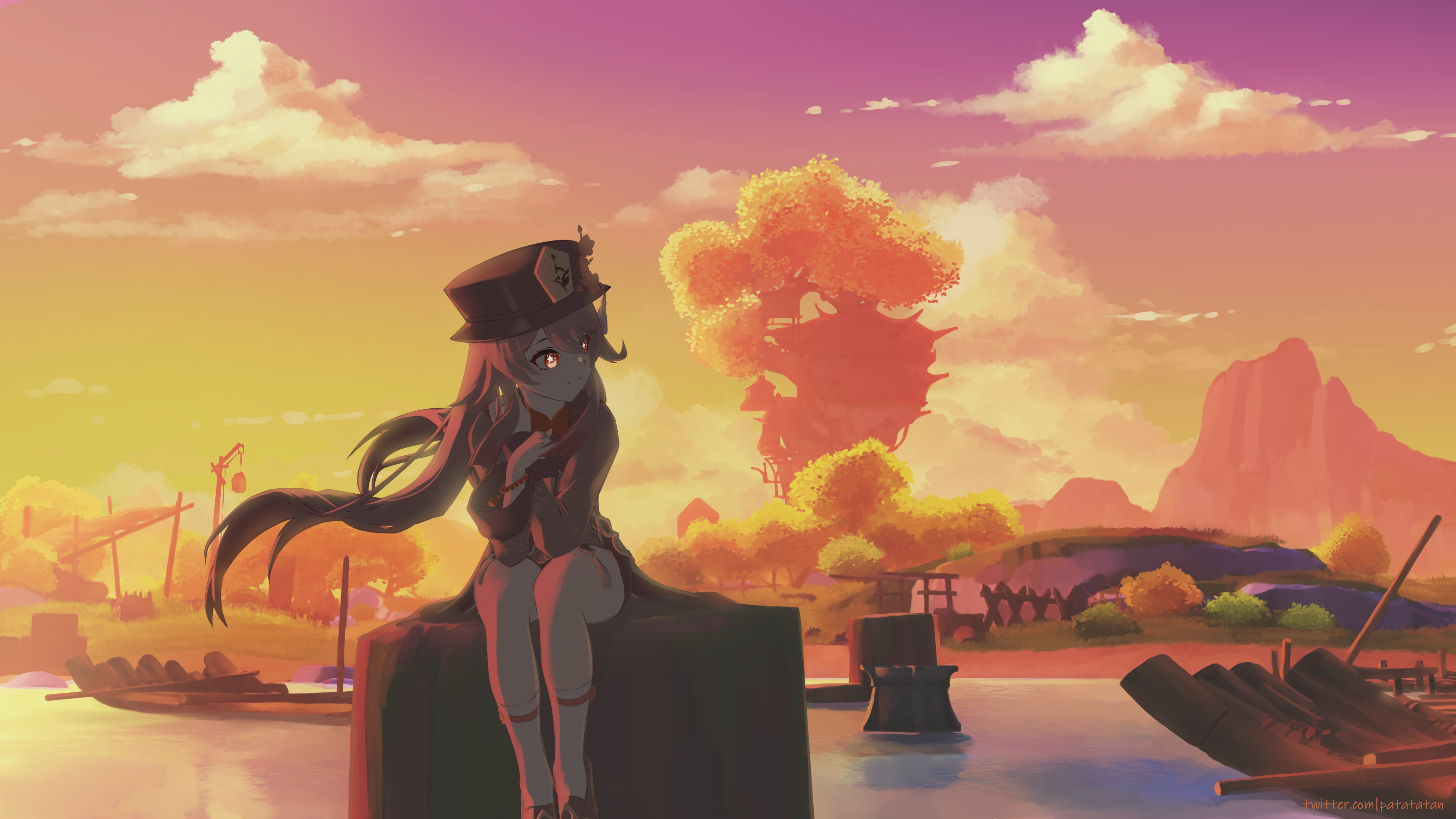 Hu Tao 4K sitting by the water at sunset HD Wallpaper