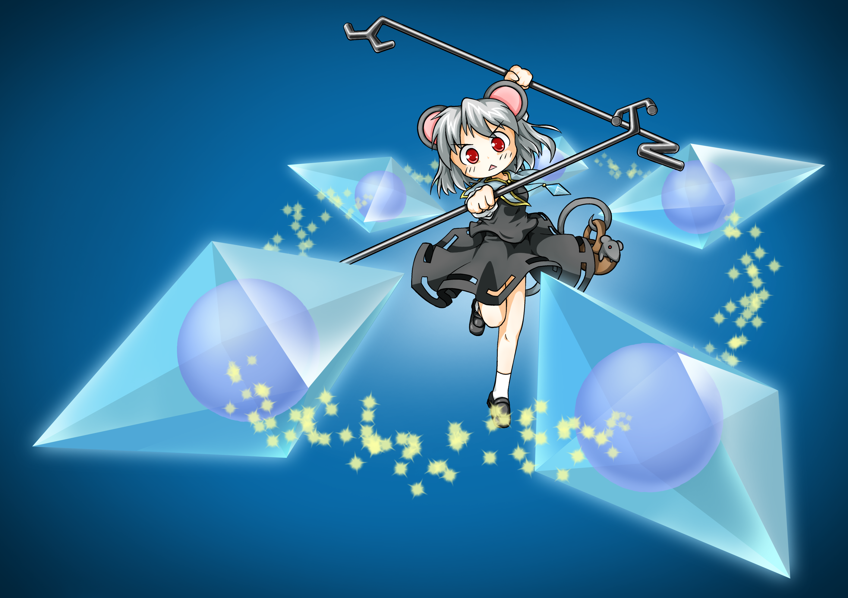 Nazrin from Touhou holding a weapon with geometric shapes HD Wallpaper