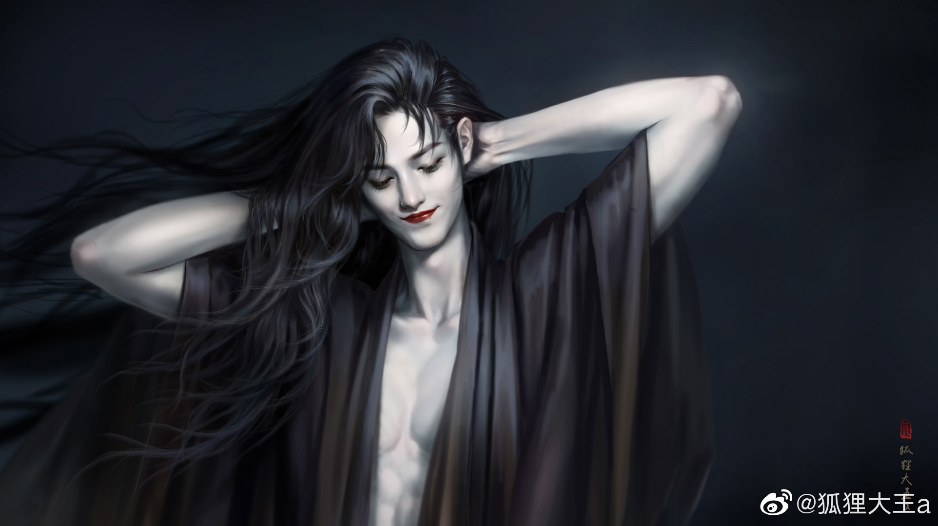 Wei Wuxian with long black hair and red lips HD Wallpaper