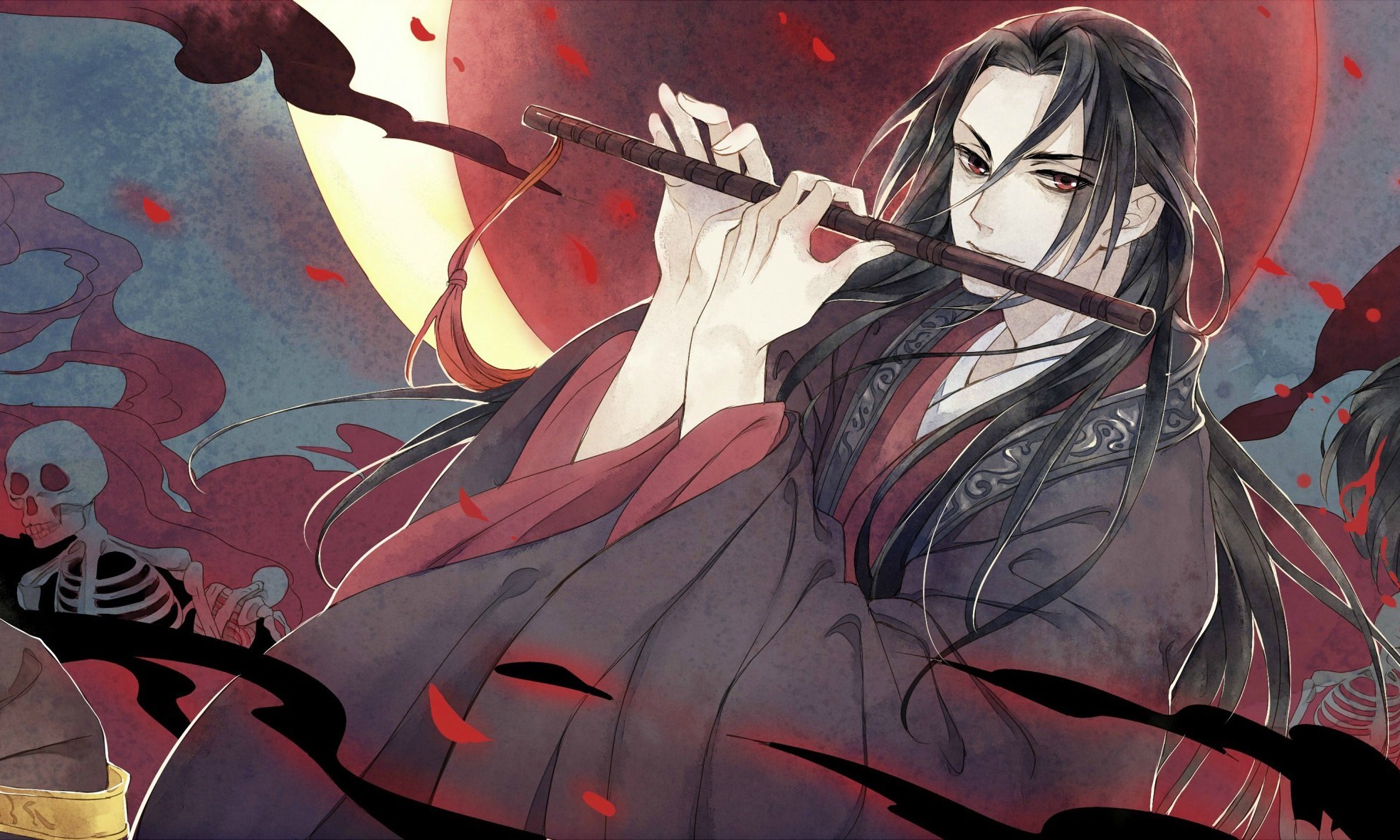 Wei Wuxian playing the flute under a red moon HD Wallpaper