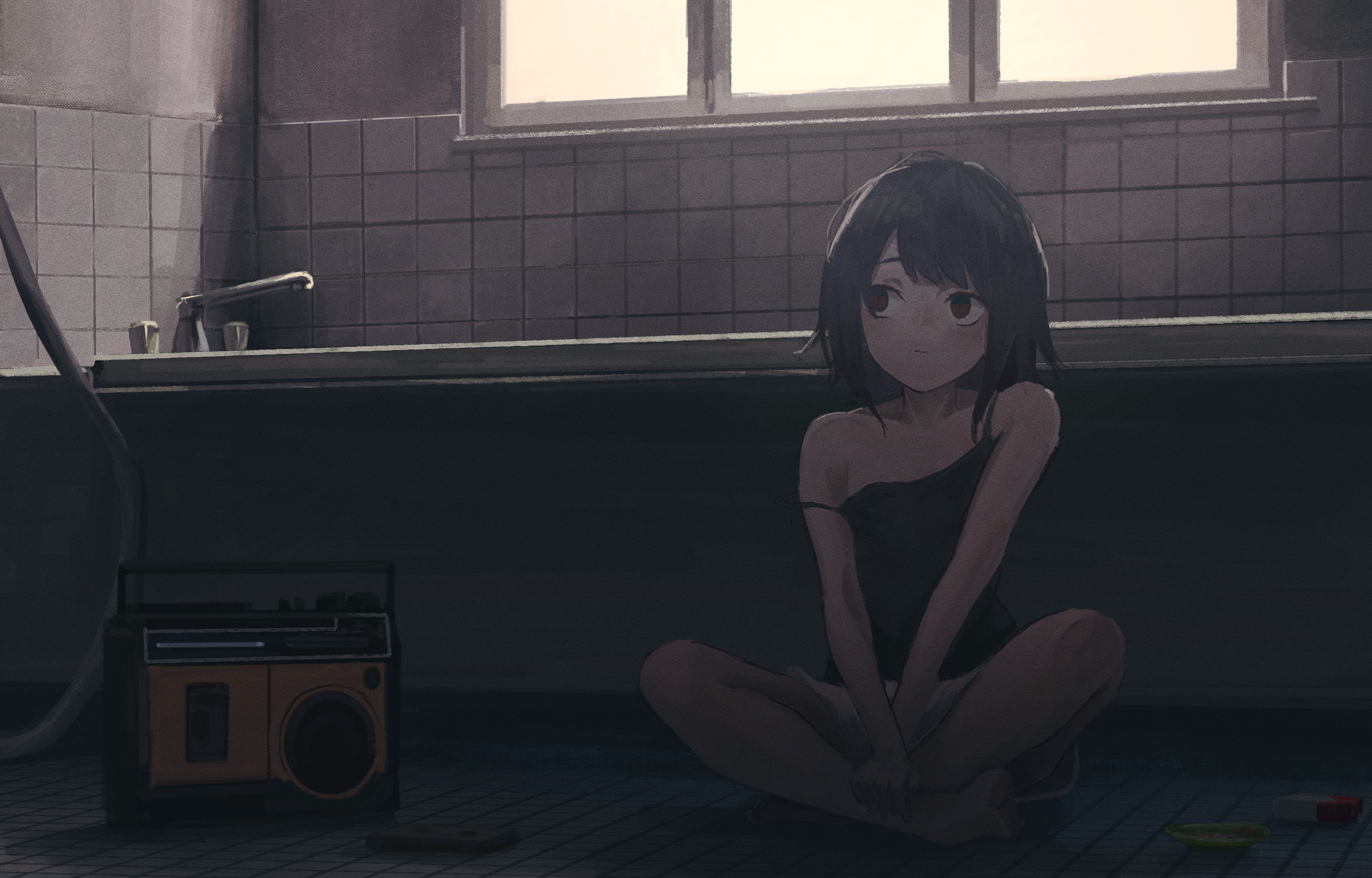 Girl with short hair sitting by a radio HD Wallpaper