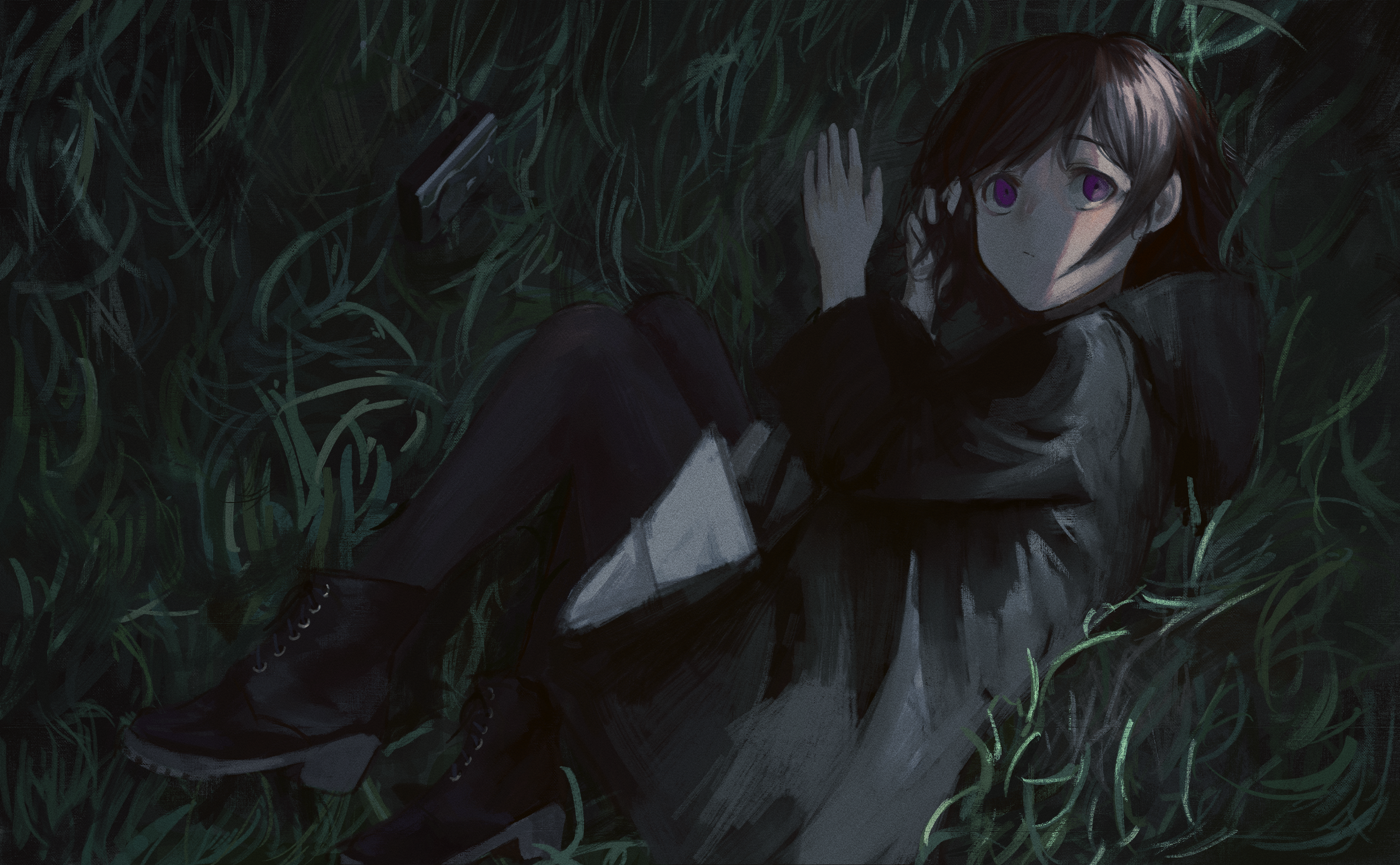 Girl with black hair lying in grass HD Wallpaper