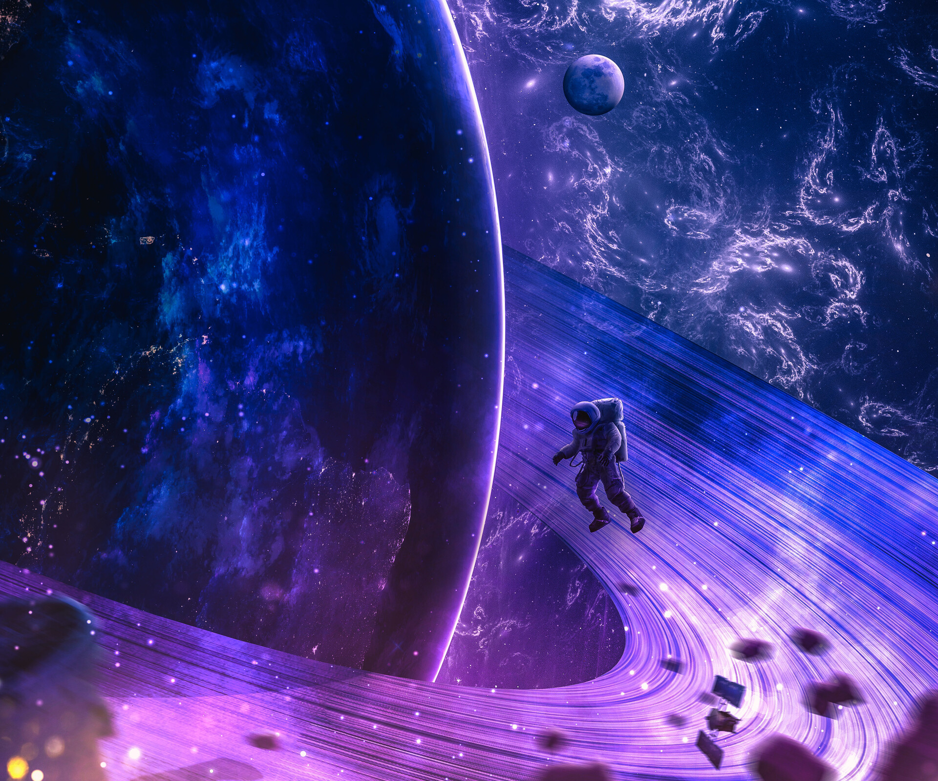 Astronaut in a colorful planetary ring HD Wallpaper