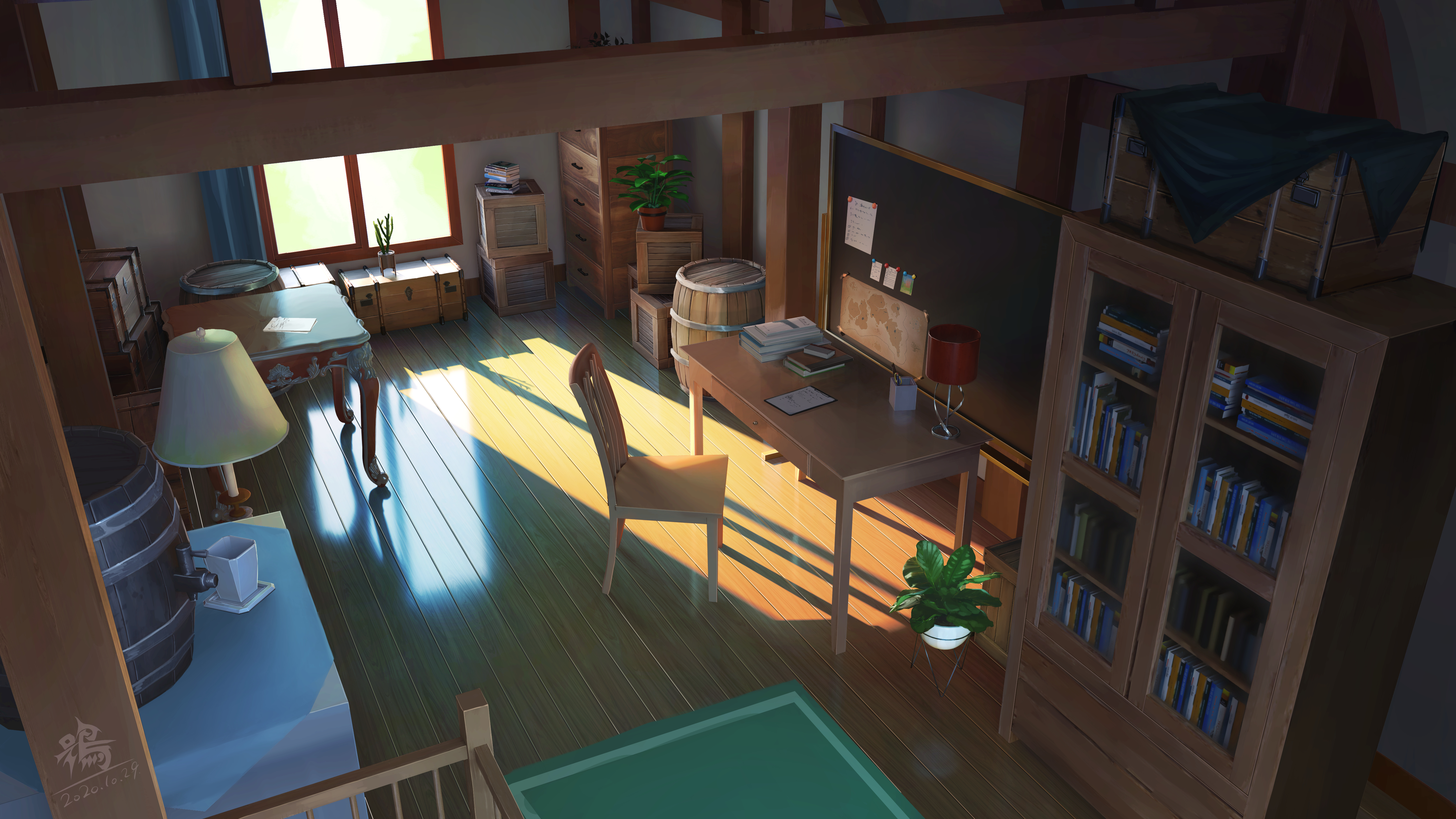 Attic room with desk and bookshelves HD Wallpaper