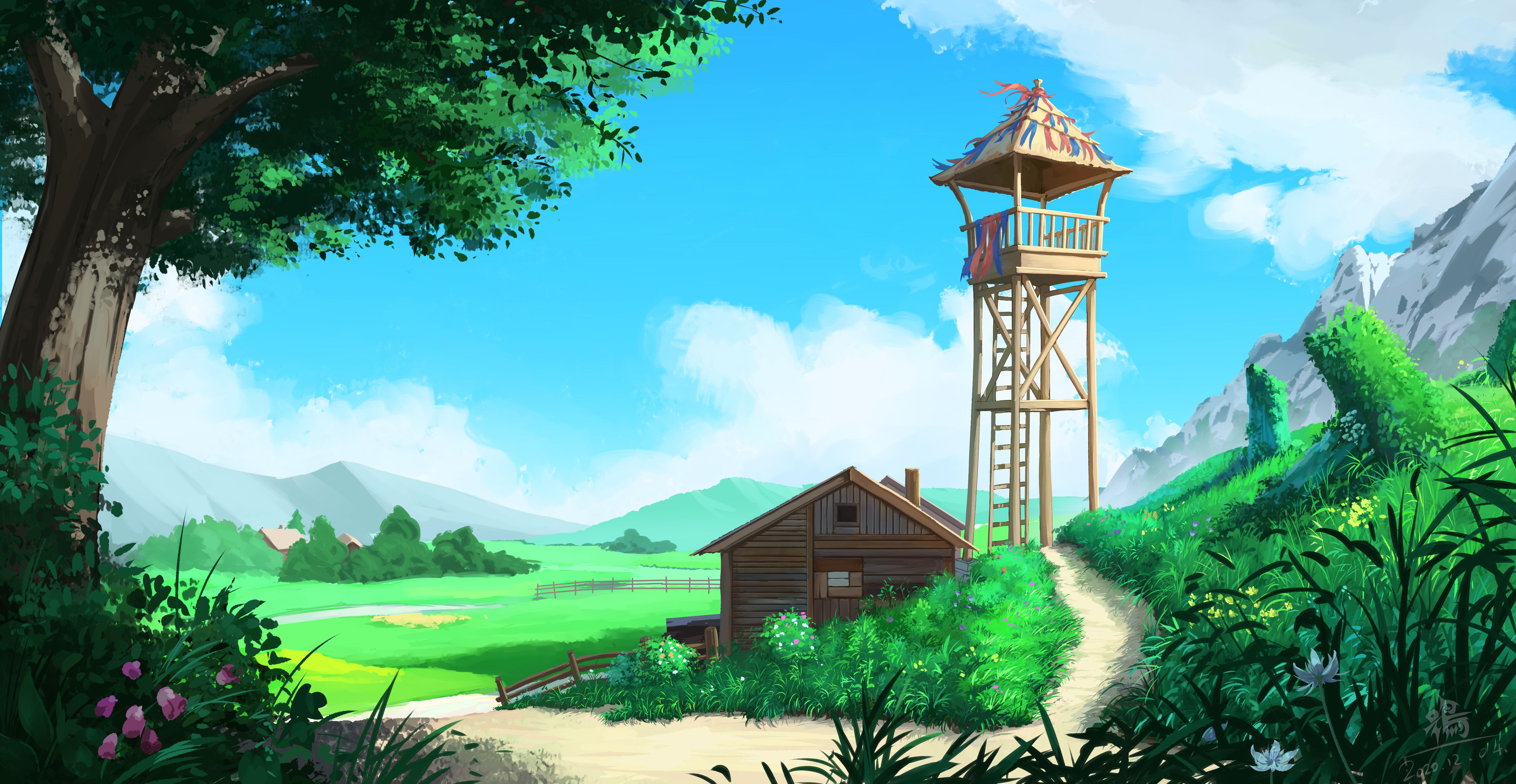 Landscape with a watchtower and a hut HD Wallpaper
