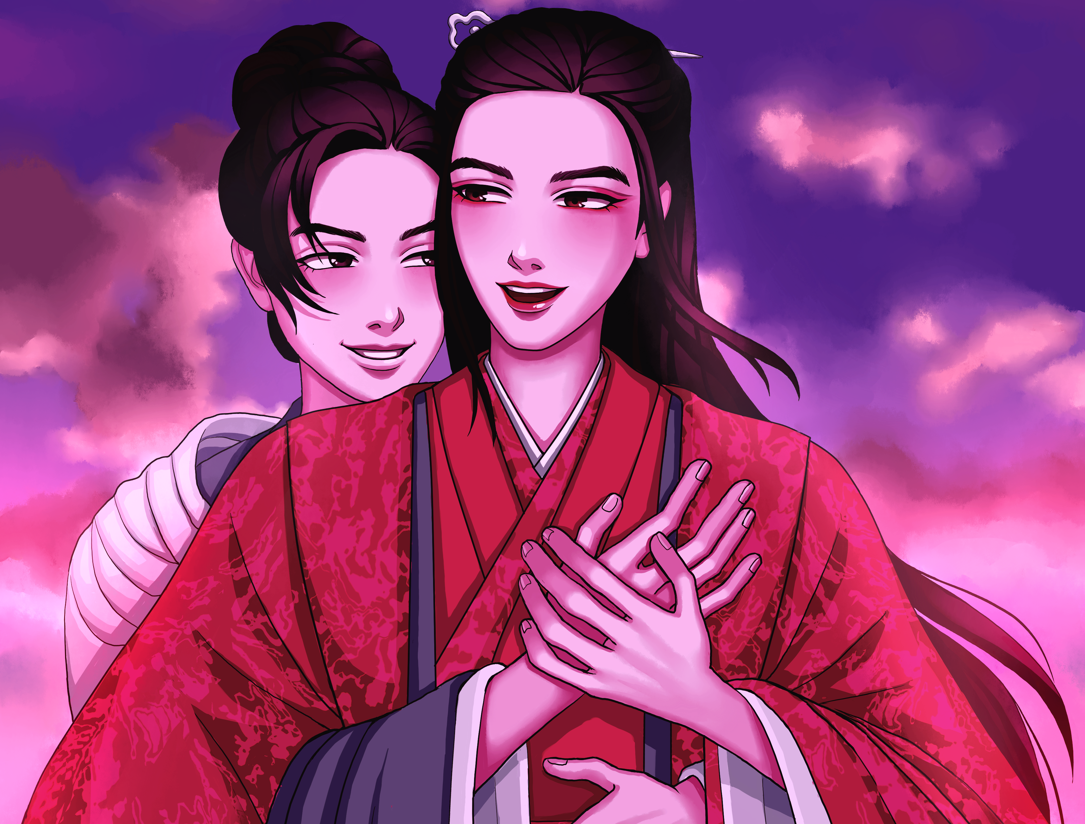 Two men in traditional Chinese clothing embracing HD Wallpaper