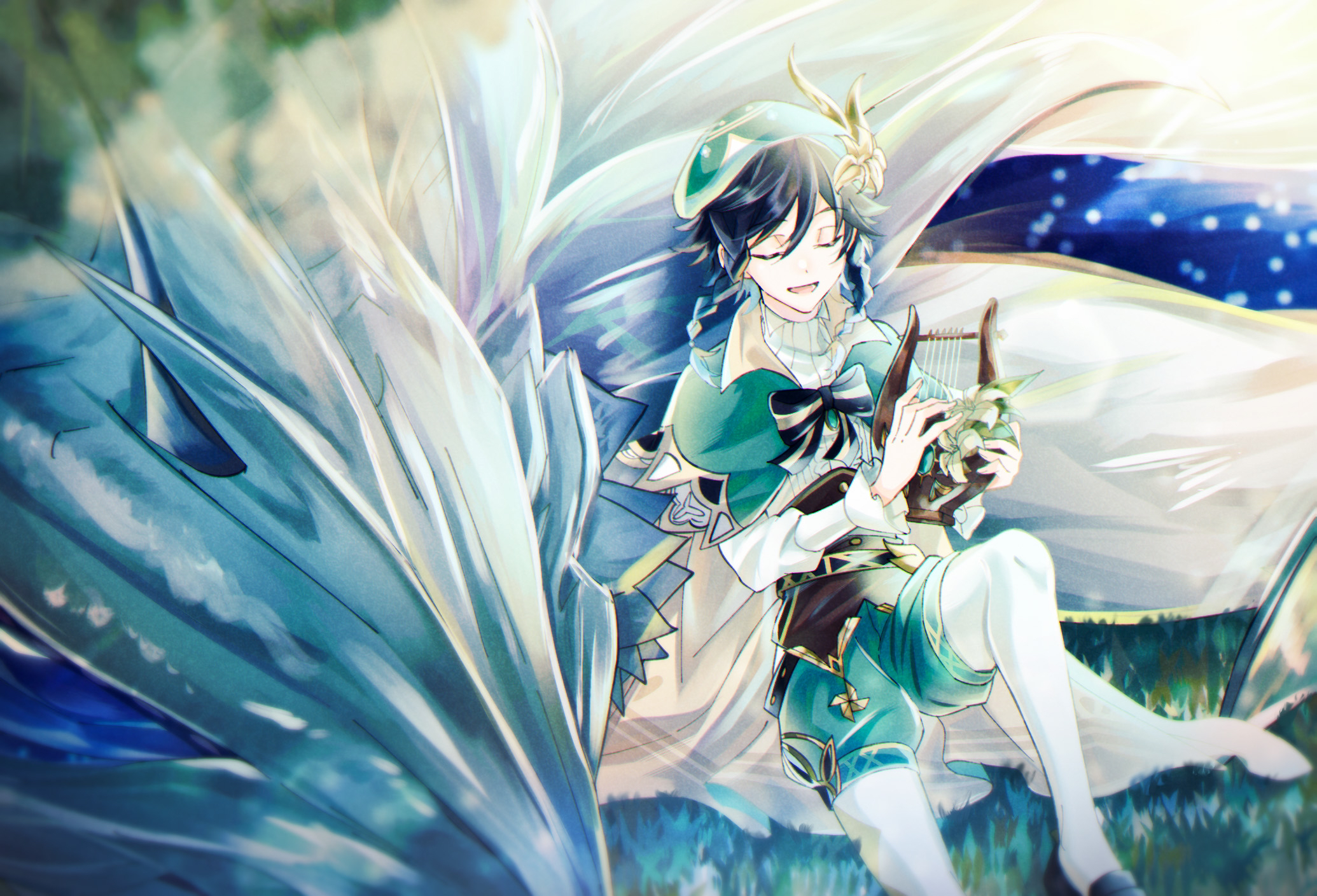 Venti playing a lyre with Dvalin in the background HD Wallpaper
