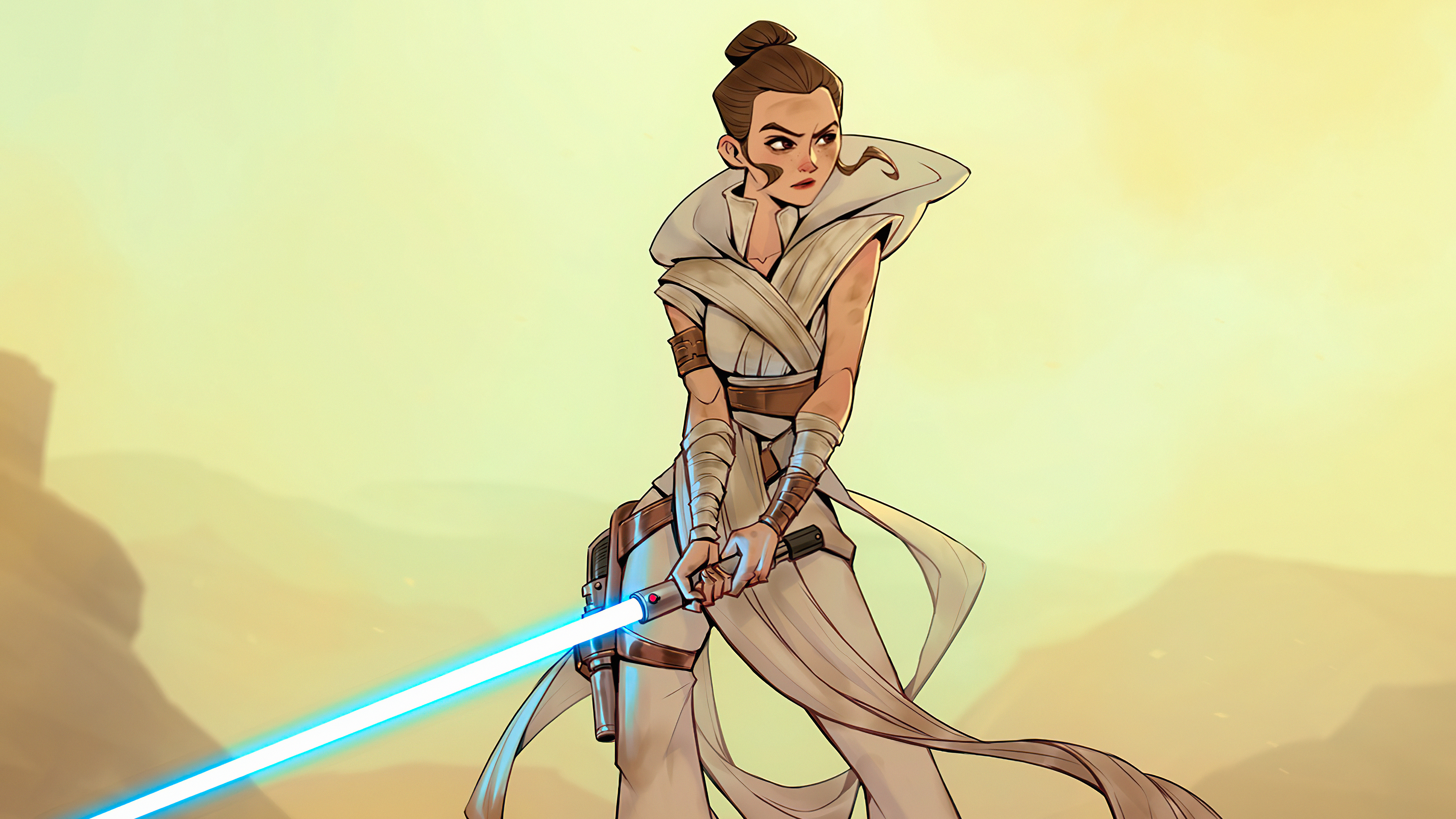 Rey with Lightsaber in a Desert Landscape HD Wallpaper