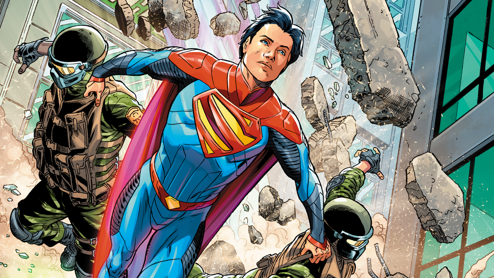 Superboy and Soldiers in a Collapsing Building HD Wallpaper